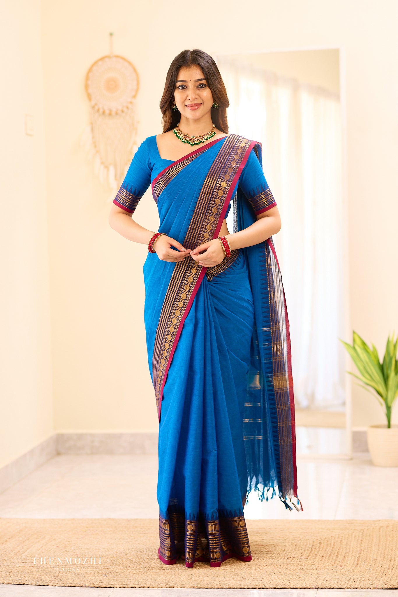Royal Blue with Deep Pink Border Chettinad Cotton Saree