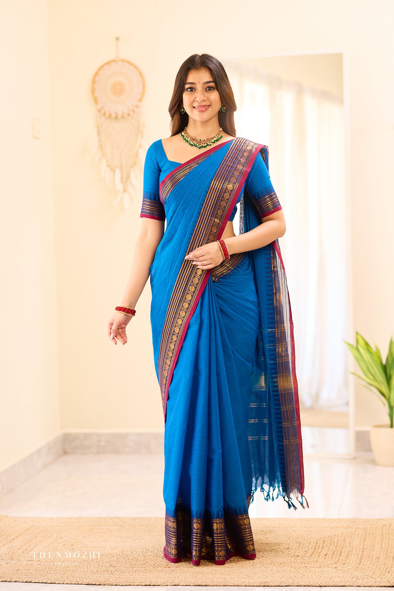 Royal Blue with Deep Pink Border Chettinad Cotton Saree