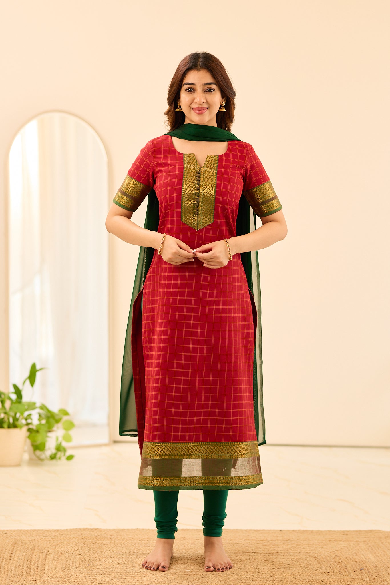 Rust Red Checked Chettinad Cotton Salwar