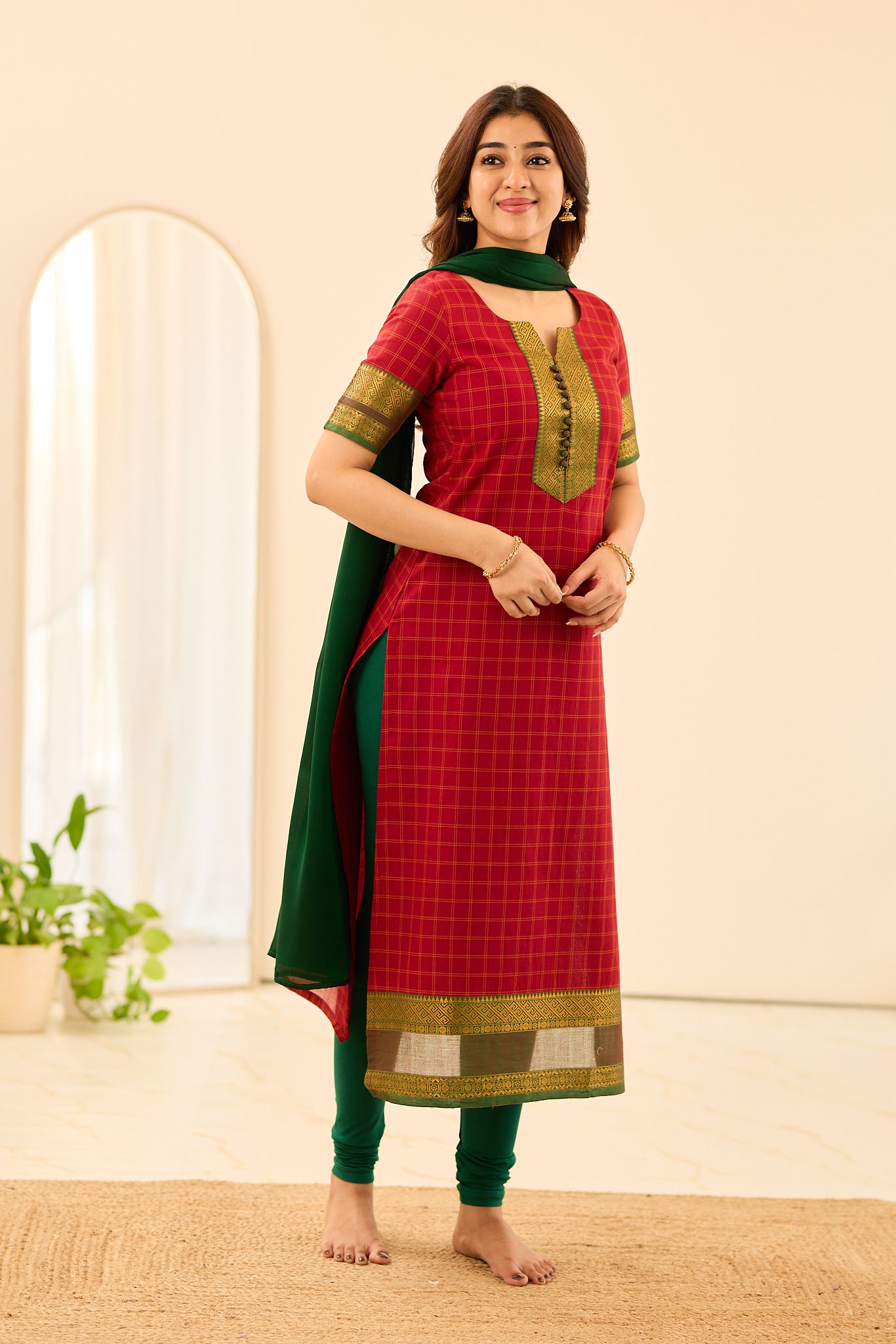 Rust Red Checked Chettinad Cotton Salwar
