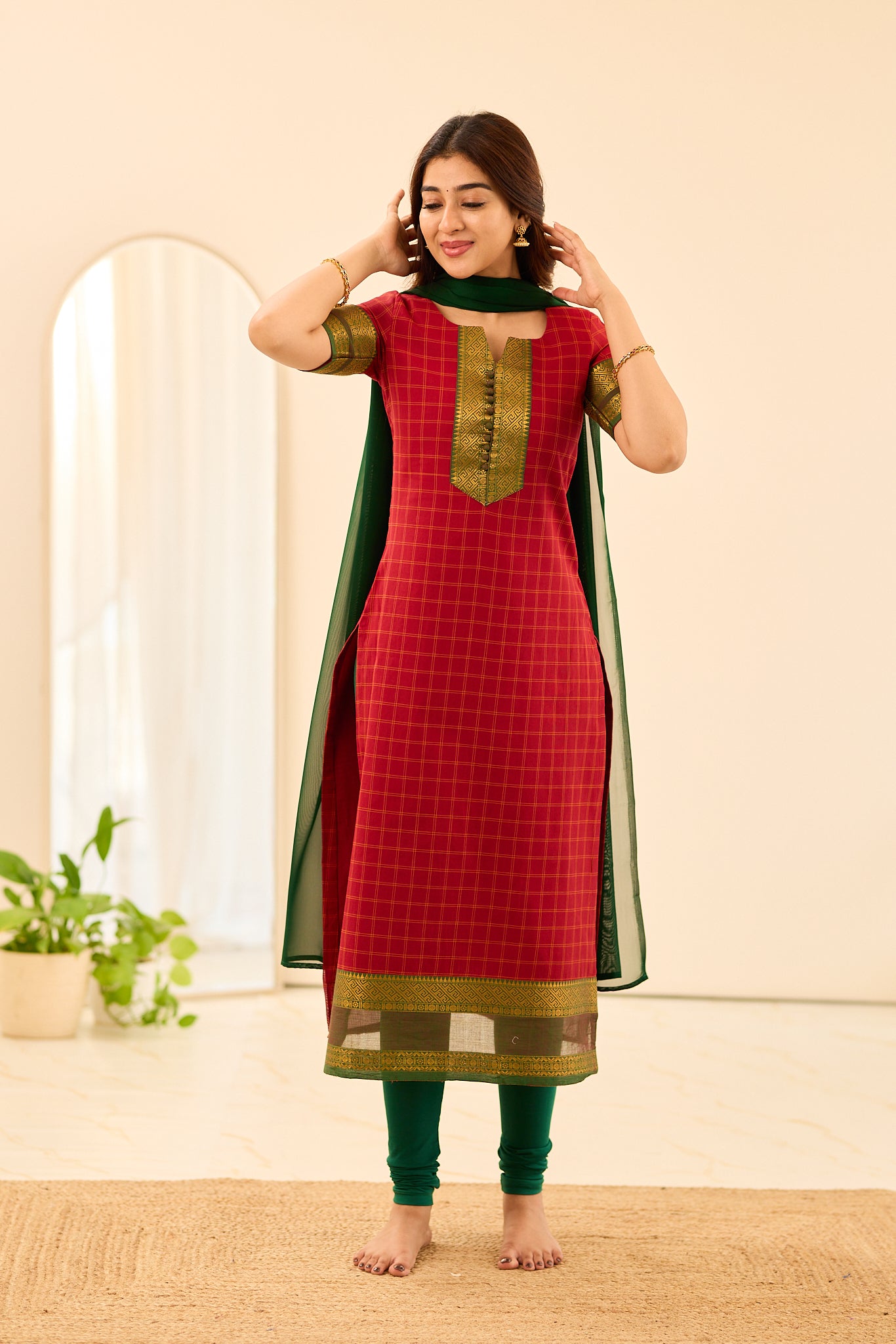 Rust Red Checked Chettinad Cotton Salwar