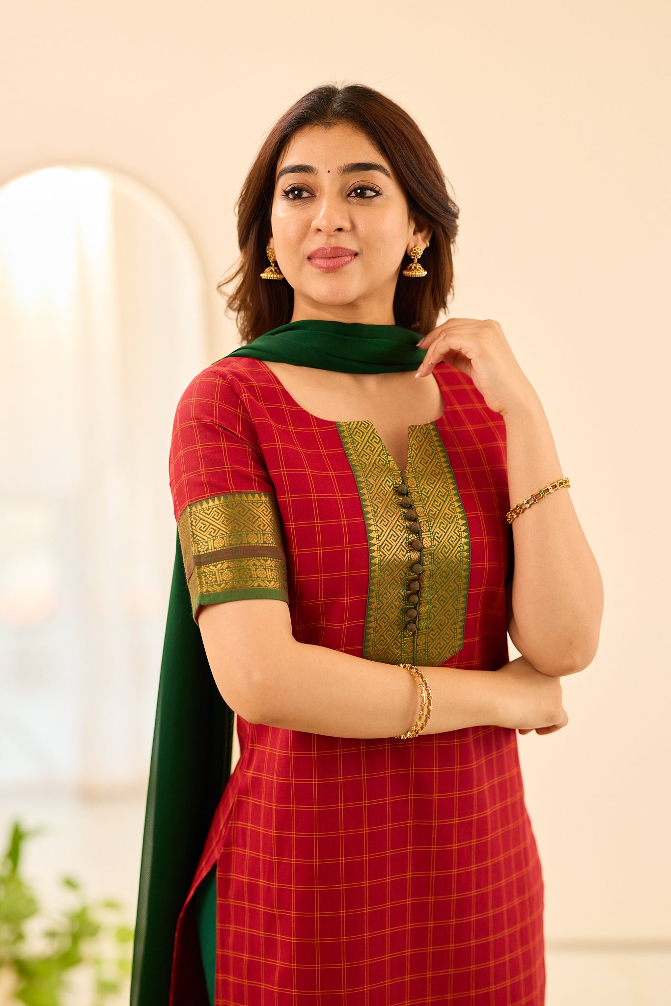 Rust Red Checked Chettinad Cotton Salwar
