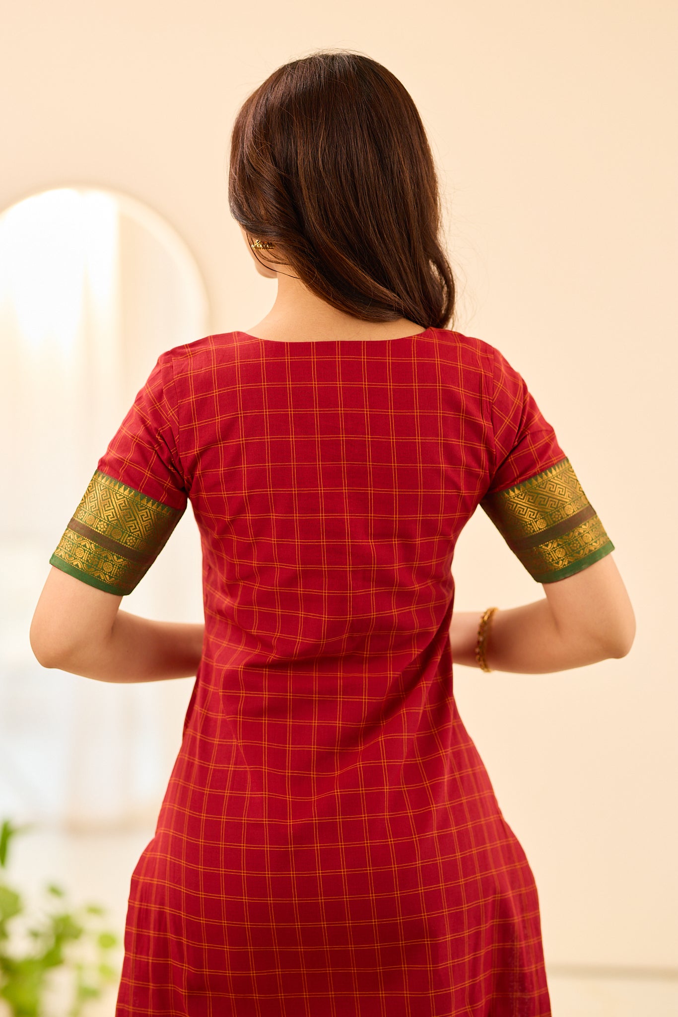 Rust Red Checked Chettinad Cotton Salwar