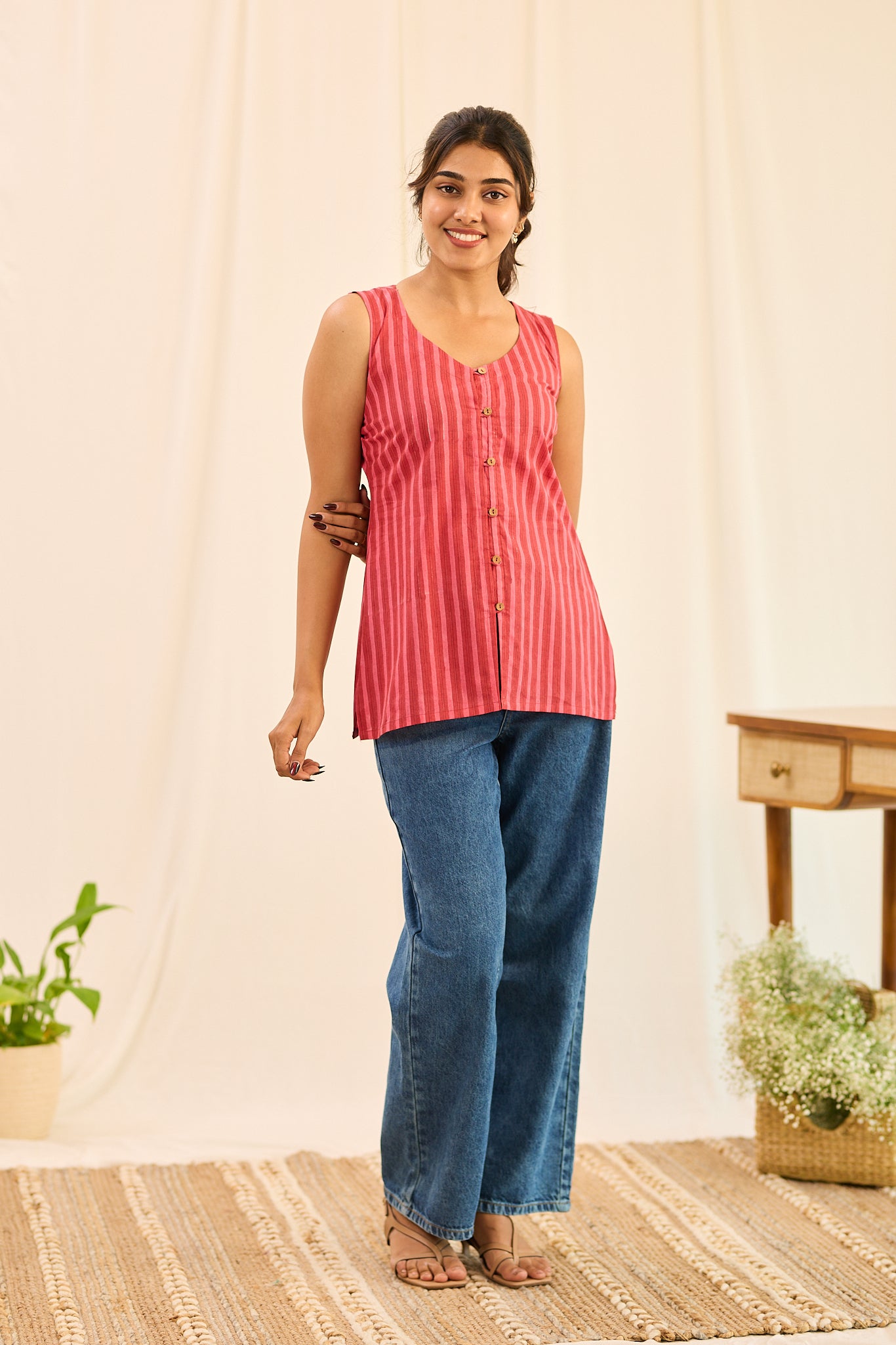Rust Red Striped Sleeveless Cotton Short Kurti