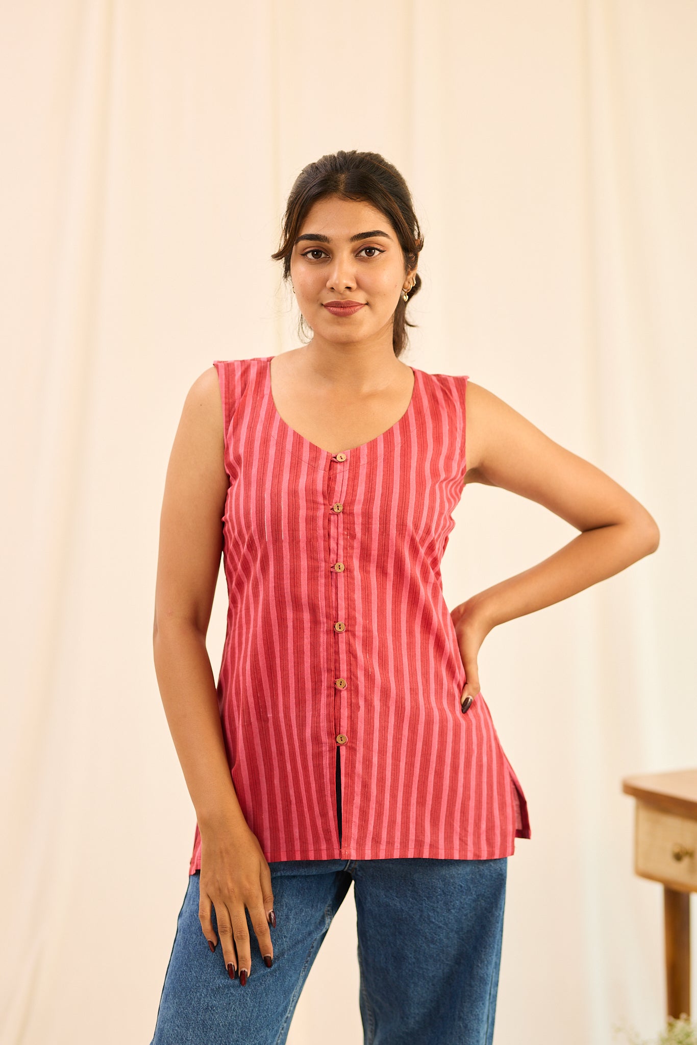Rust Red Striped Sleeveless Cotton Short Kurti