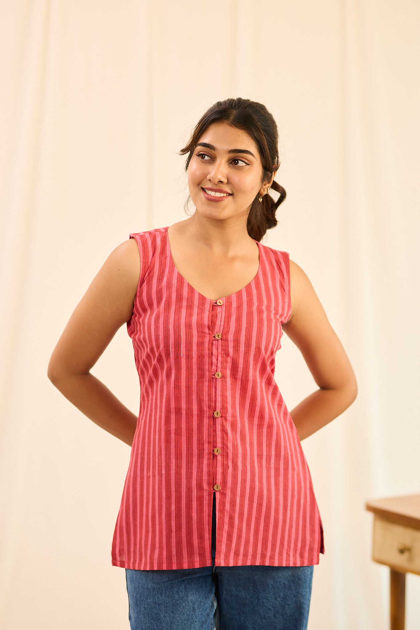 Rust Red Striped Sleeveless Cotton Short Kurti