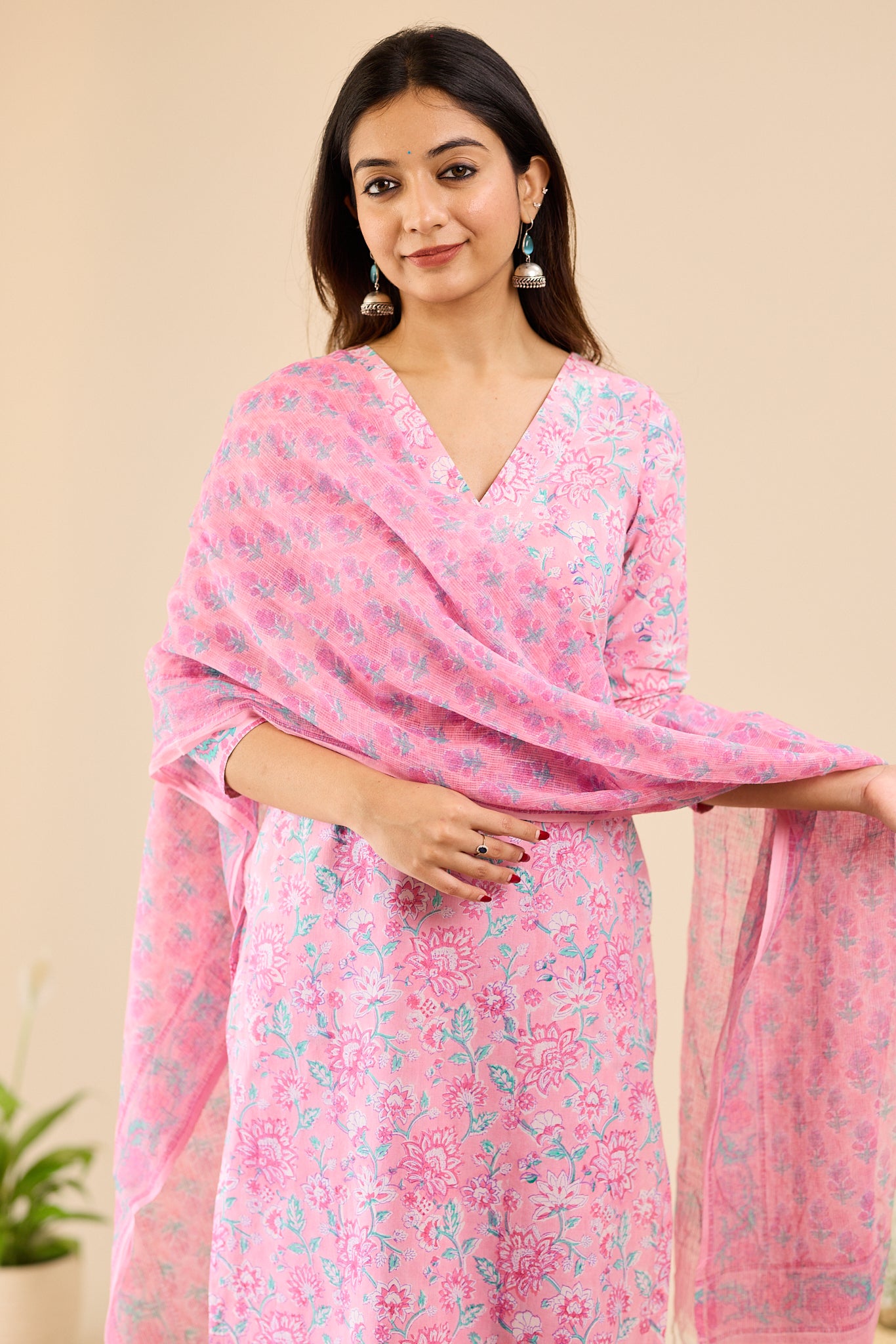 Soft Blush Pink Floral printed Cotton Salwar-Suit with Kota Dupatta