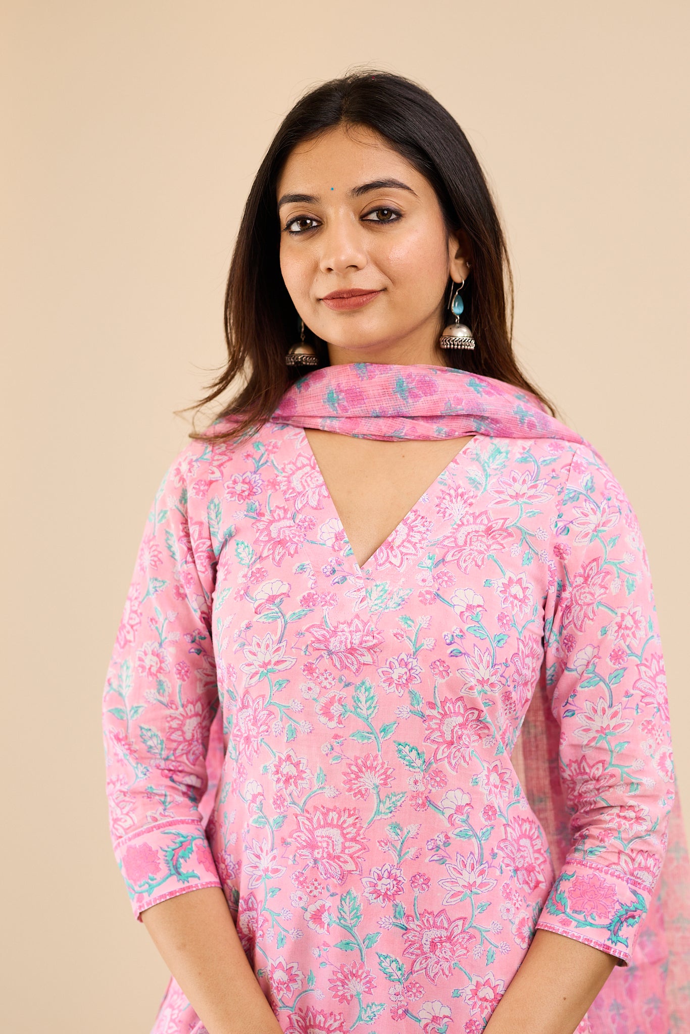Soft Blush Pink Floral printed Cotton Salwar-Suit with Kota Dupatta