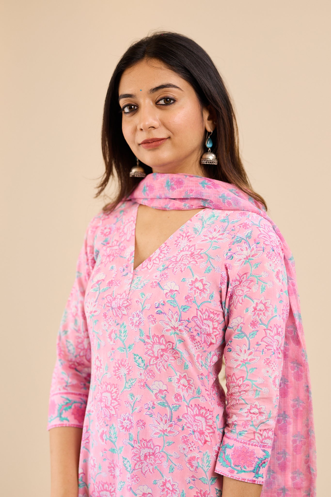 Soft Blush Pink Floral printed Cotton Salwar-Suit with Kota Dupatta