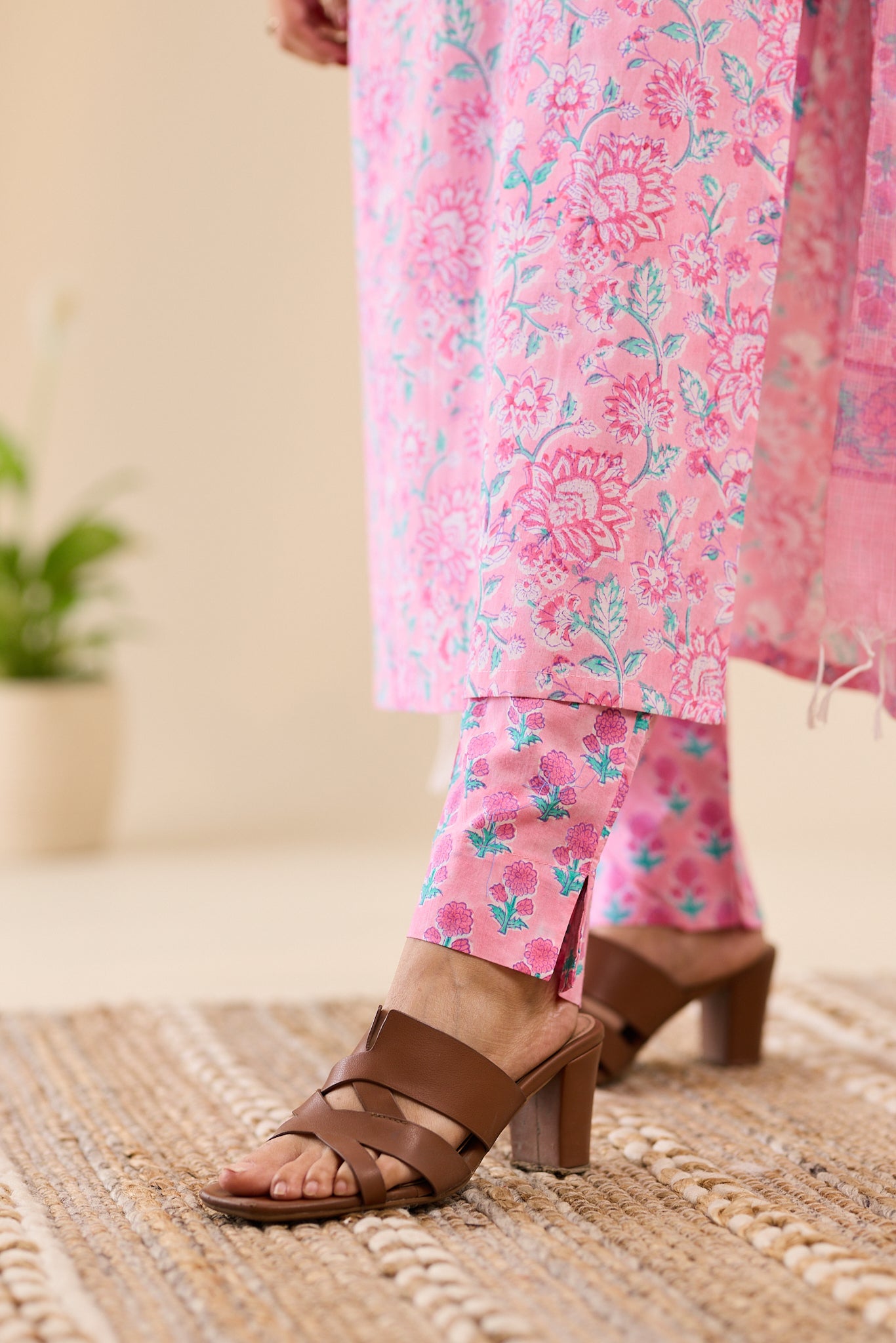 Soft Blush Pink Floral printed Cotton Salwar-Suit with Kota Dupatta