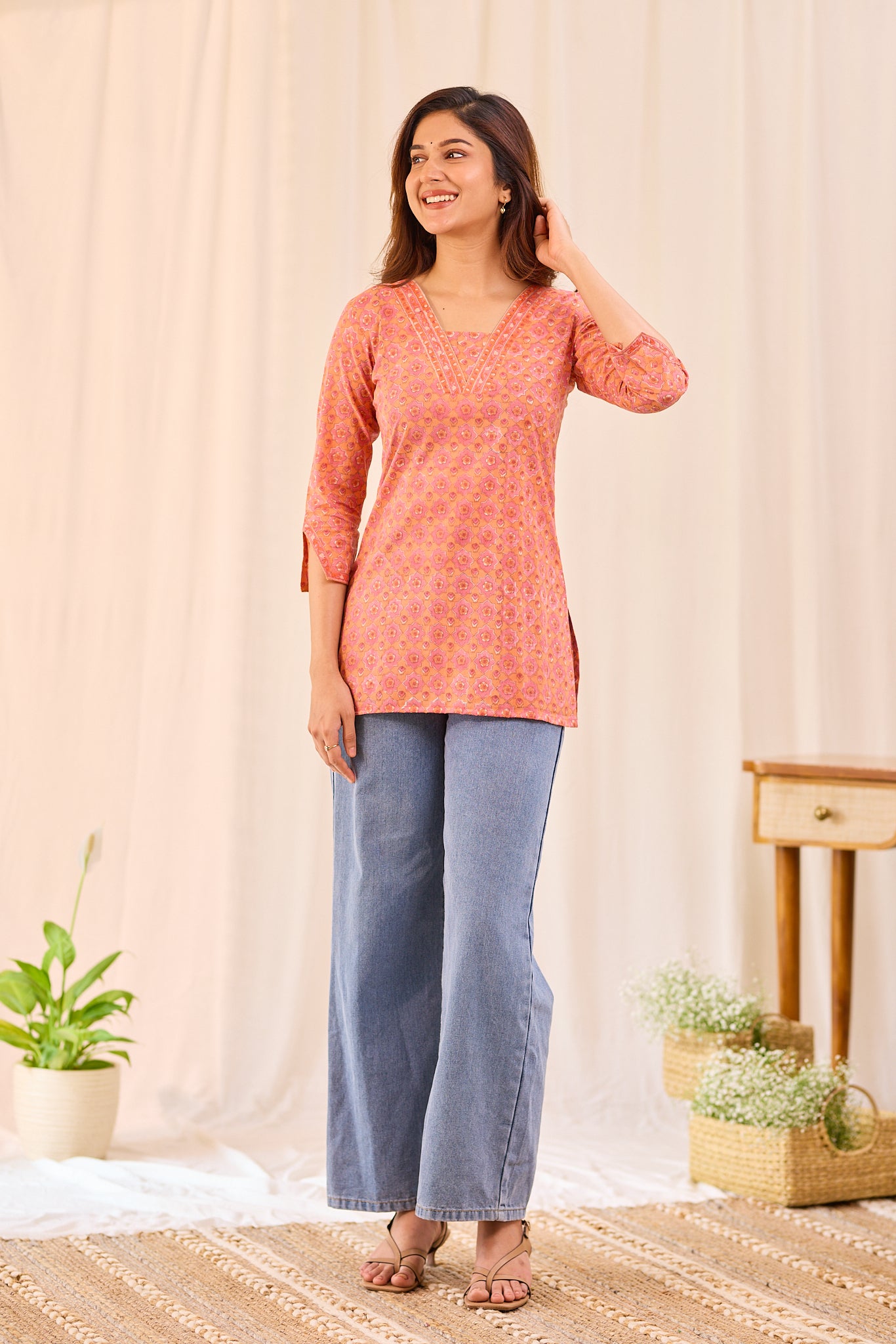 Soft Orange Printed Cotton Short Kurti