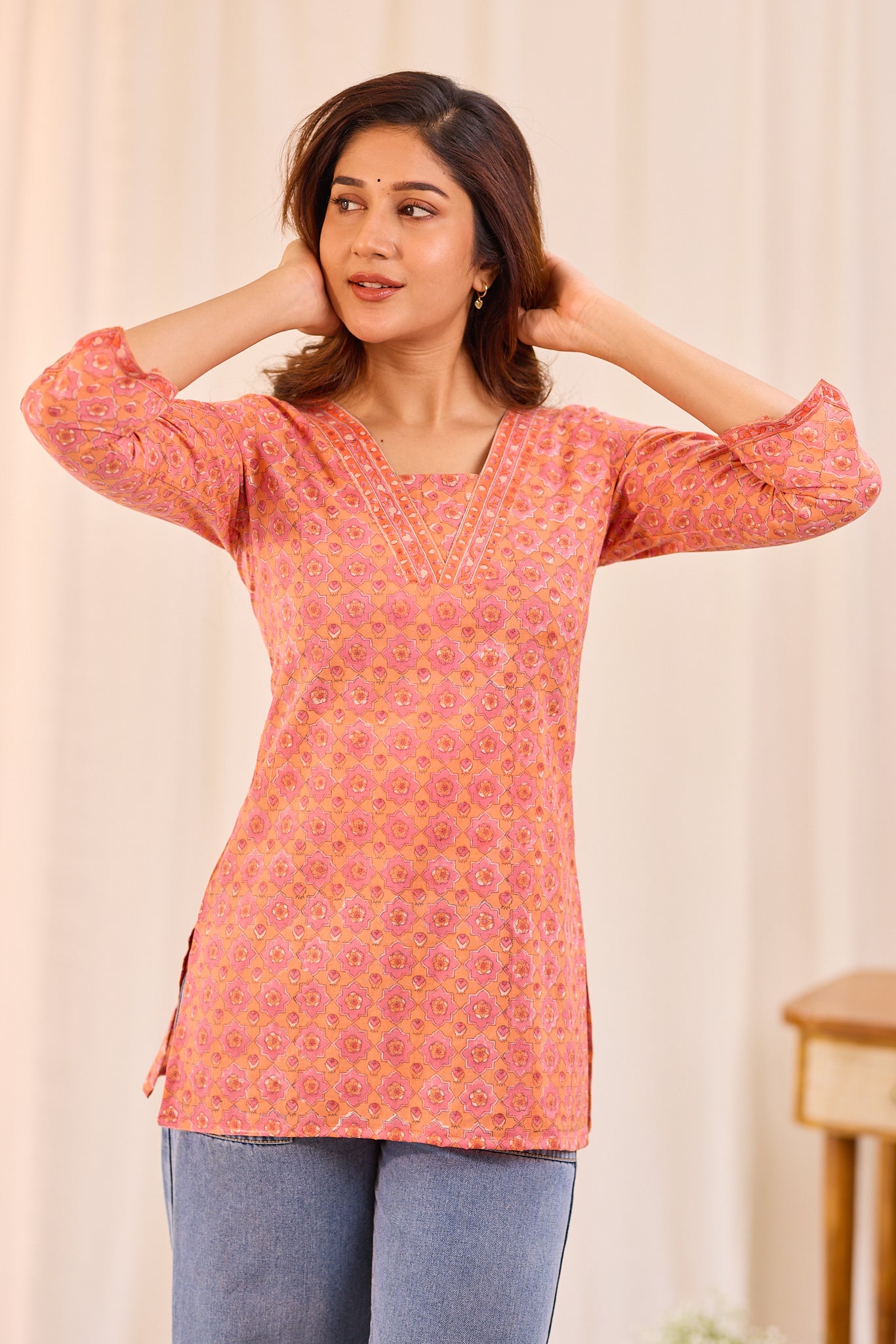 Soft Orange Printed Cotton Short Kurti