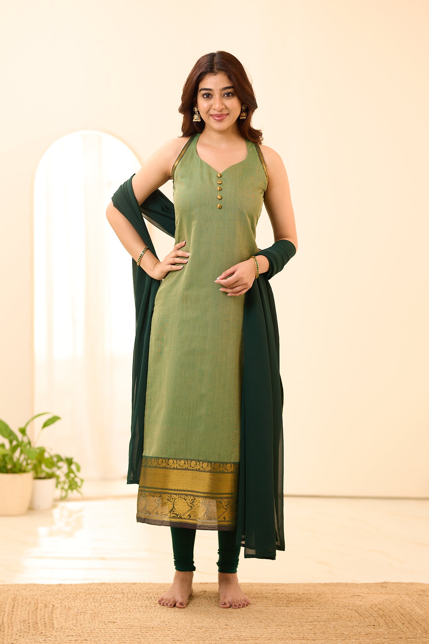 Soft Sage Green with Dark Green Border Chettinad Cotton Salwar
