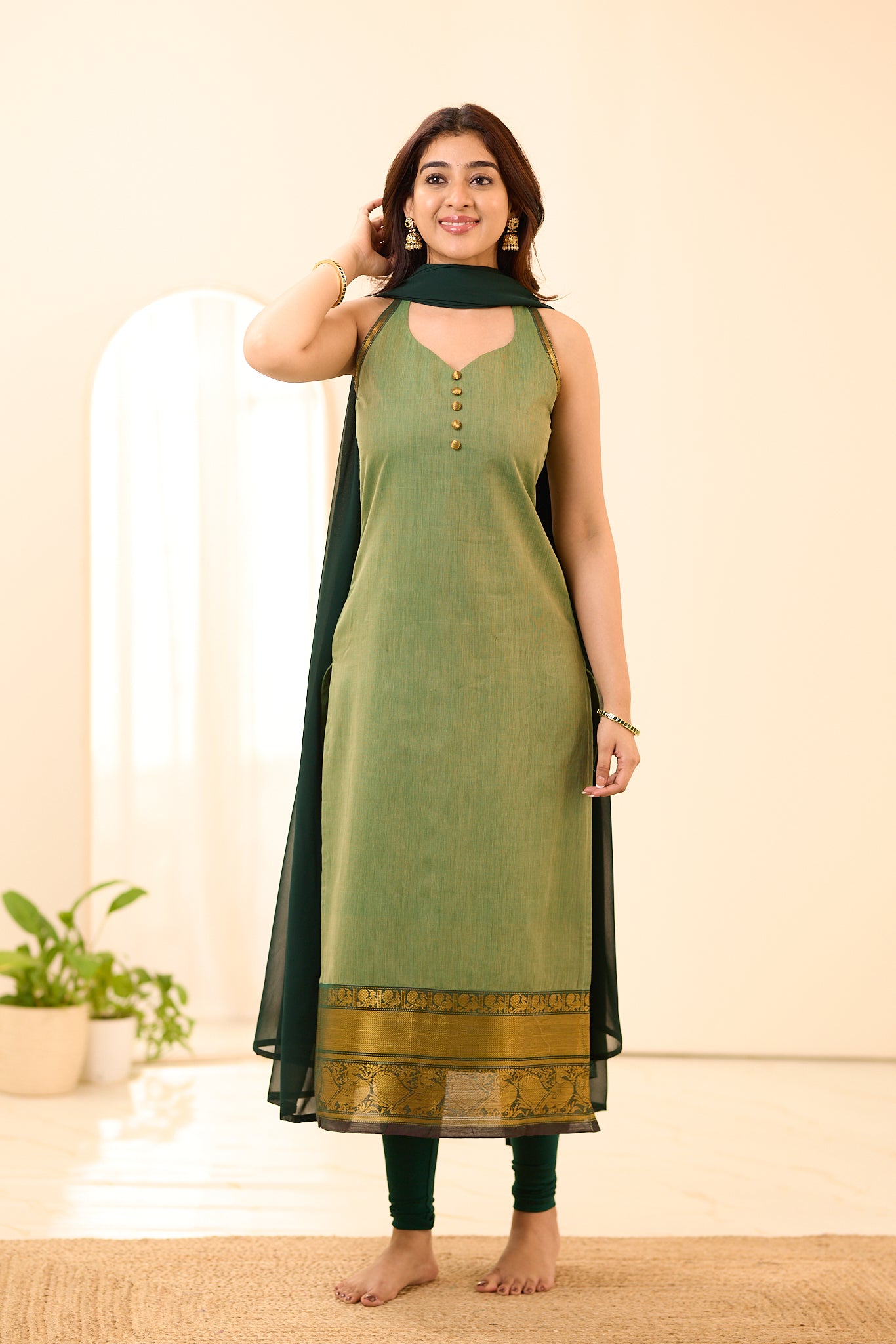 Soft Sage Green with Dark Green Border Chettinad Cotton Salwar