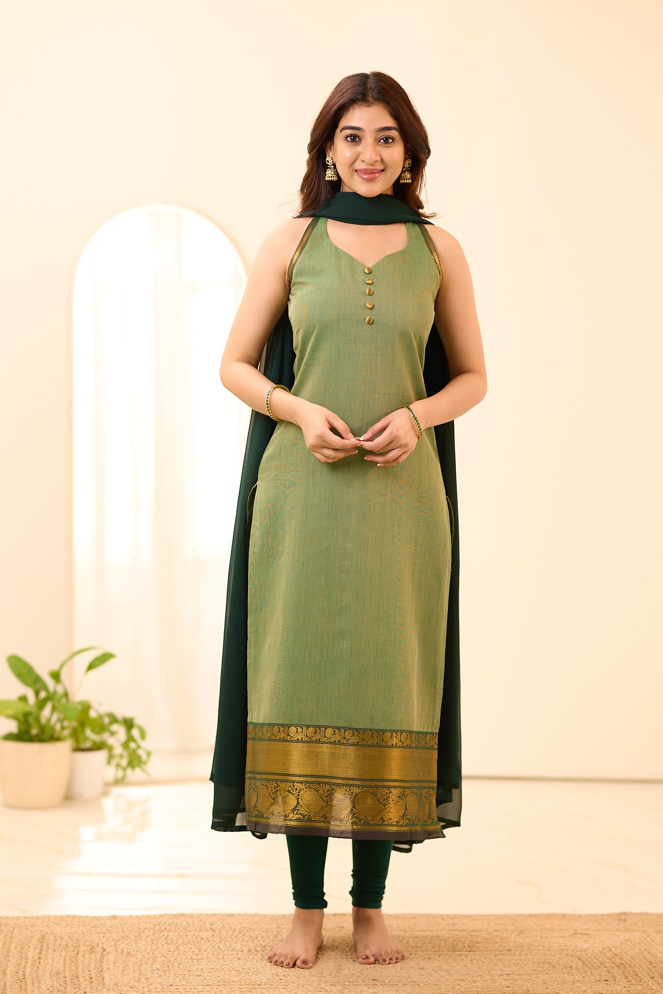 Soft Sage Green with Dark Green Border Chettinad Cotton Salwar