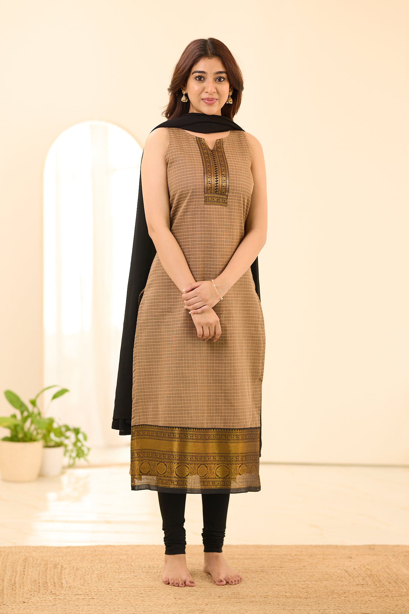 Soft Taupe Beige with Black Border Chettinad Cotton Salwar
