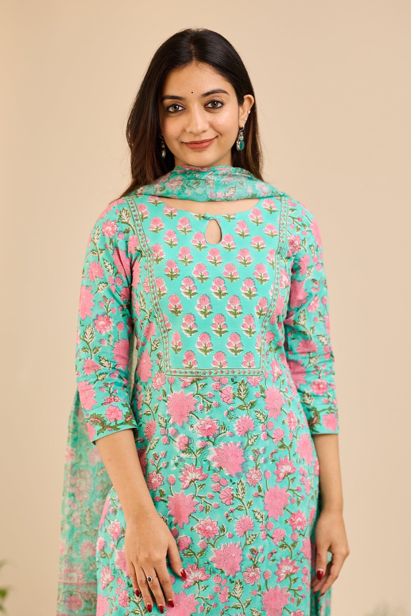 Soft Turquoise Floral Printed Cotton Salwar- Suit with Kota Dupatta