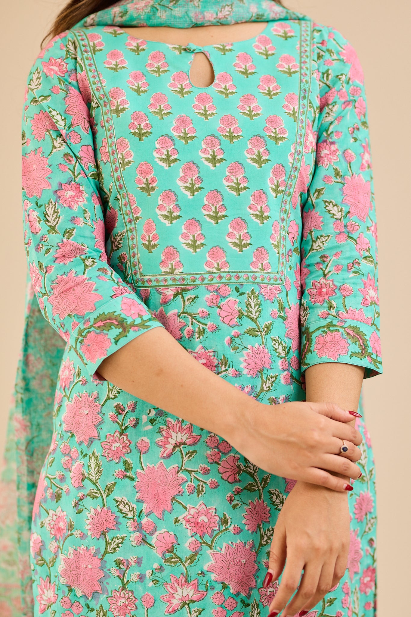 Soft Turquoise Floral Printed Cotton Salwar- Suit with Kota Dupatta