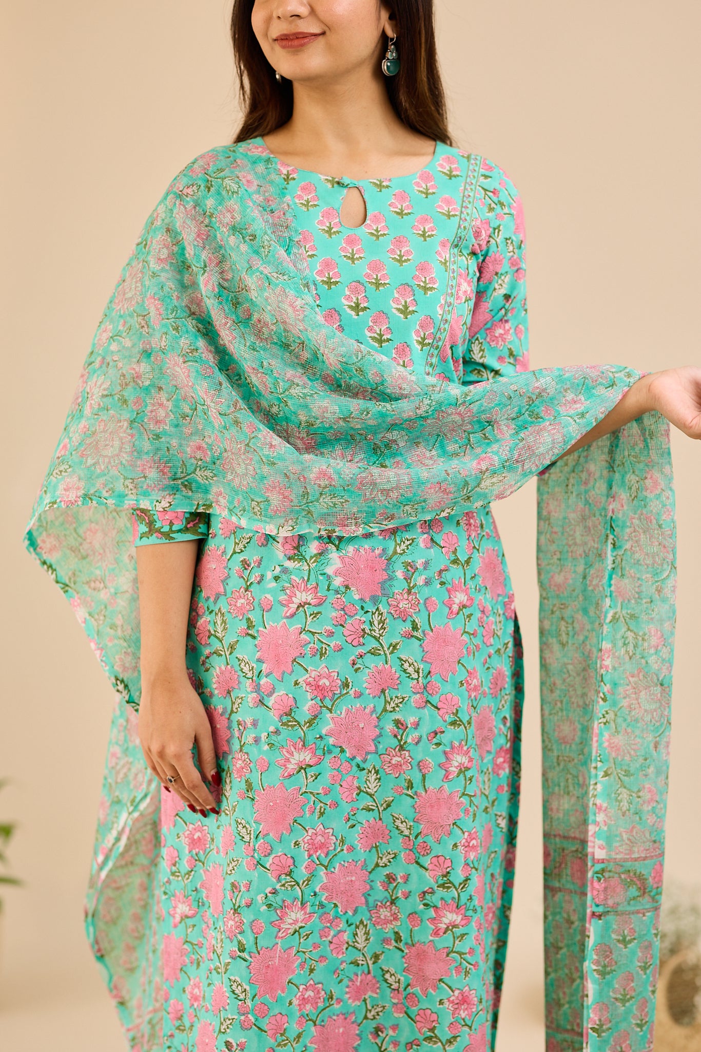 Soft Turquoise Floral Printed Cotton Salwar- Suit with Kota Dupatta