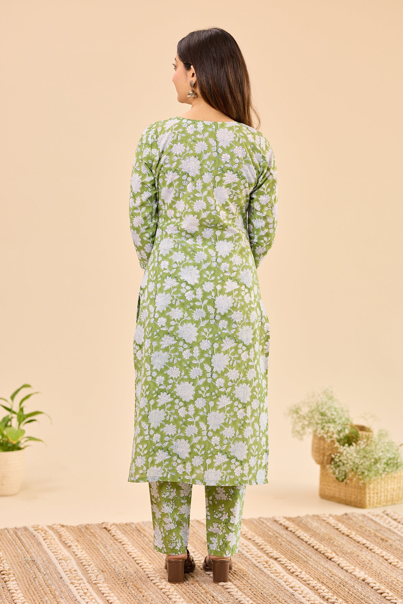 Soft green with white floral print Cotton Salwar Suit Set with Kota Dupatta