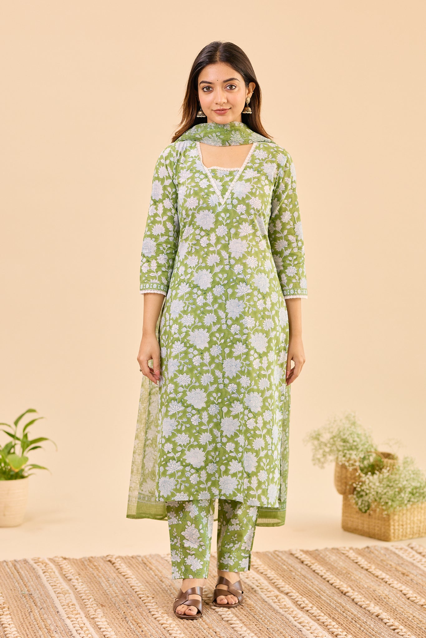 Soft green with white floral print Cotton Salwar Suit Set with Kota Dupatta