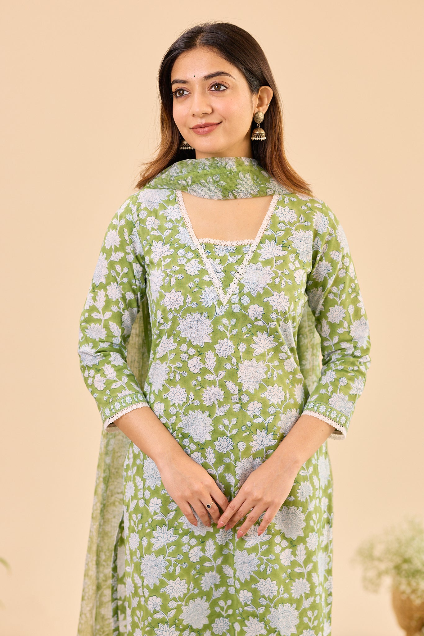 Soft green with white floral print Cotton Salwar Suit Set with Kota Dupatta