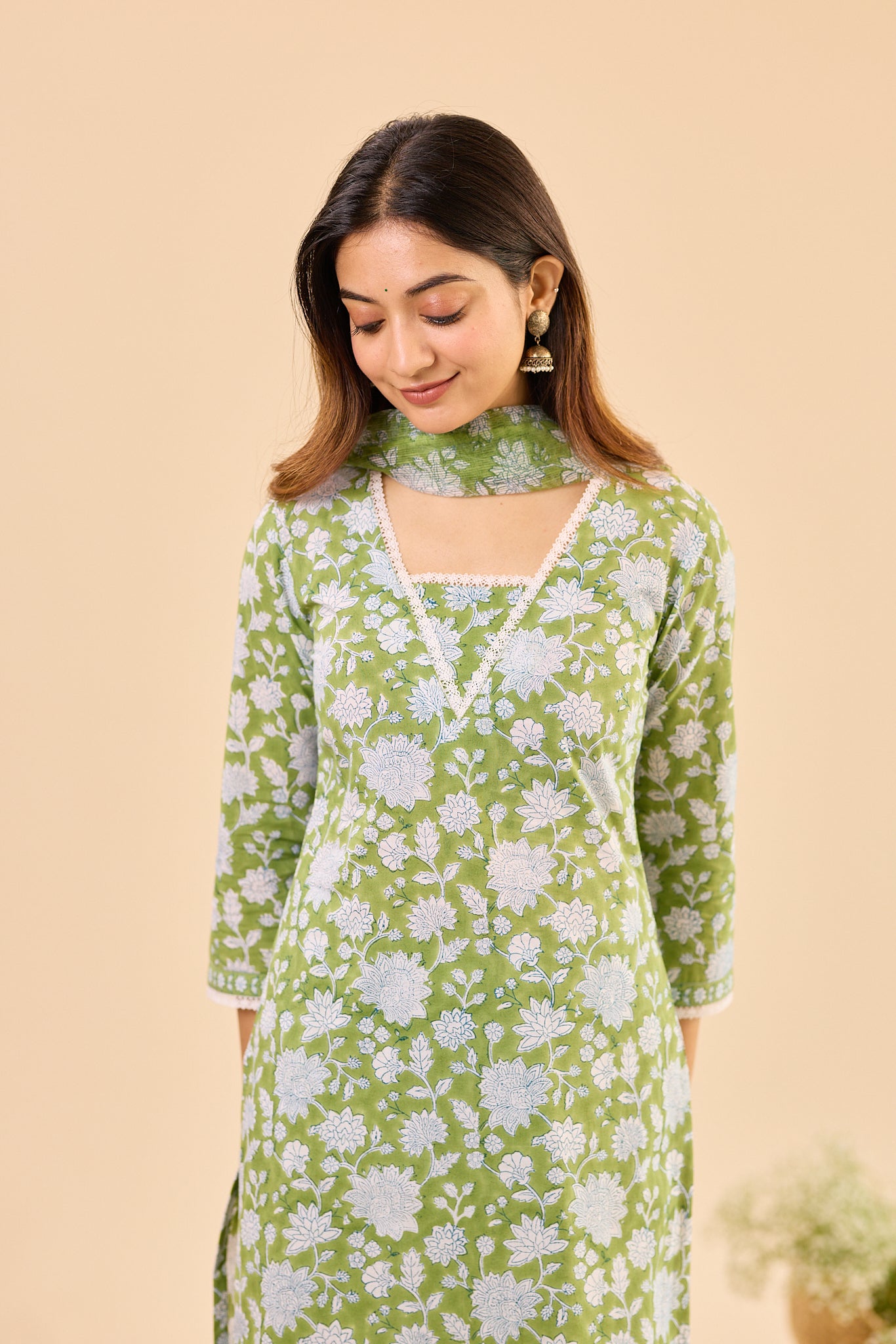 Soft green with white floral print Cotton Salwar Suit Set with Kota Dupatta