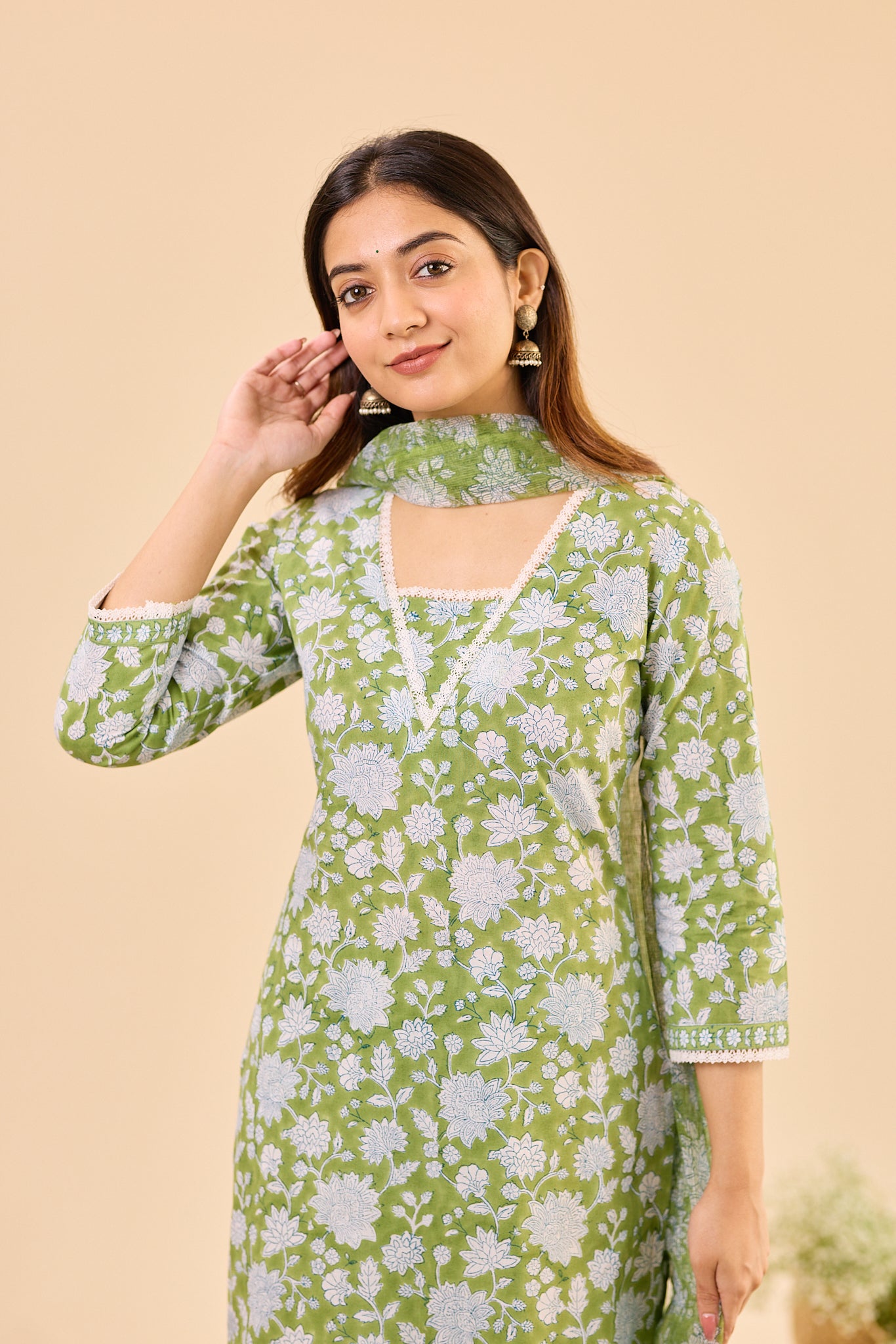 Soft green with white floral print Cotton Salwar Suit Set with Kota Dupatta