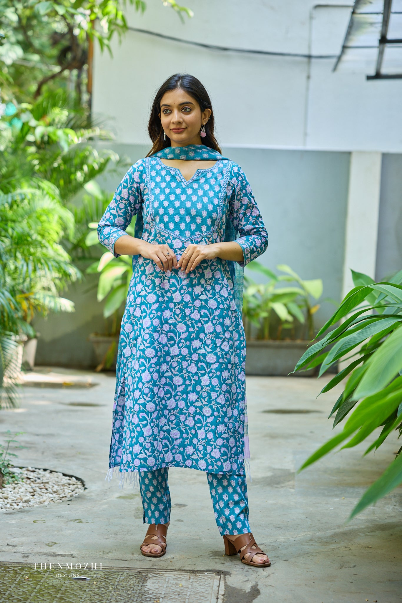 Teal Blue Floral Block Printed Cotton Suit Set With Kota Dupatta