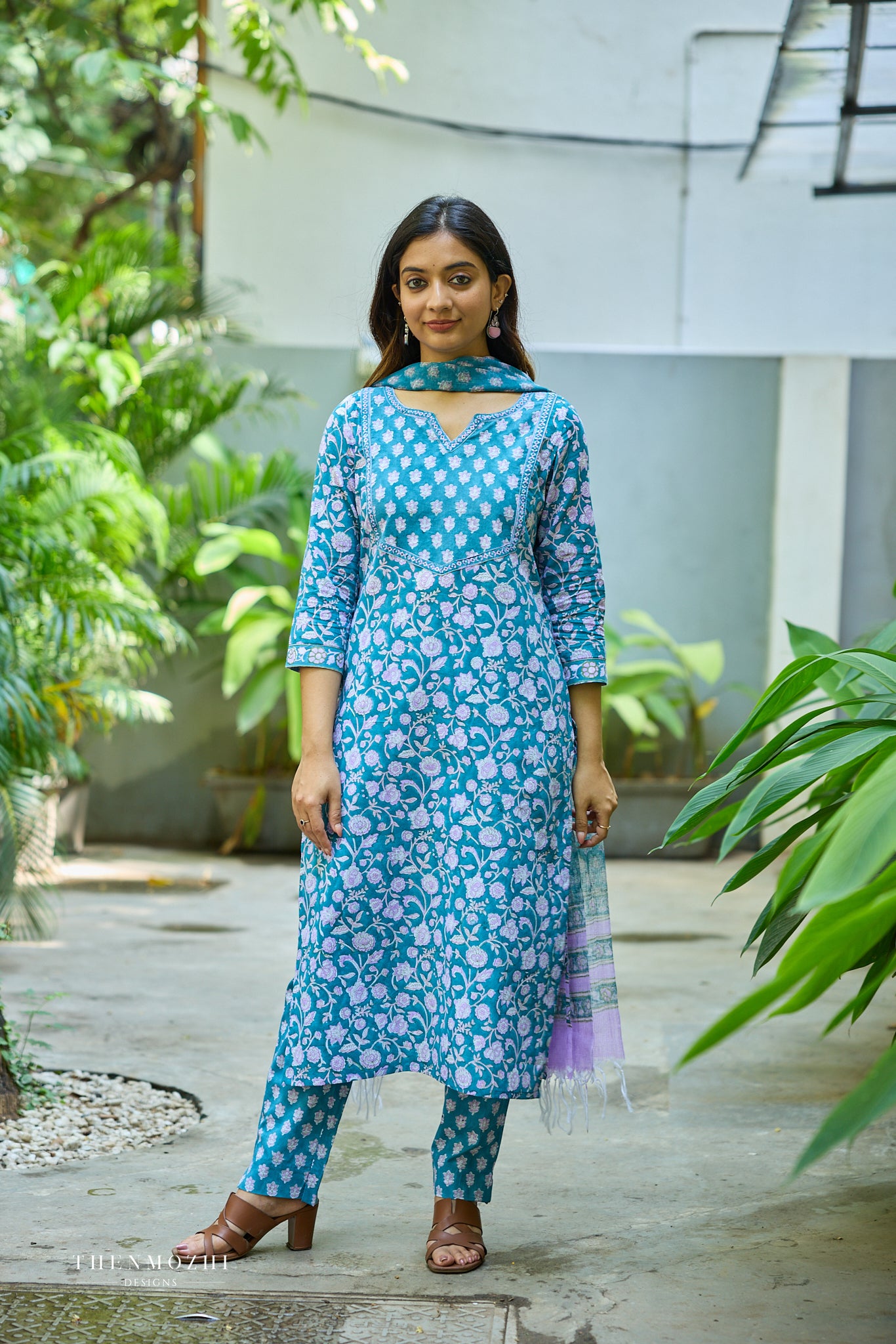 Teal Blue Floral Block Printed Cotton Suit Set With Kota Dupatta
