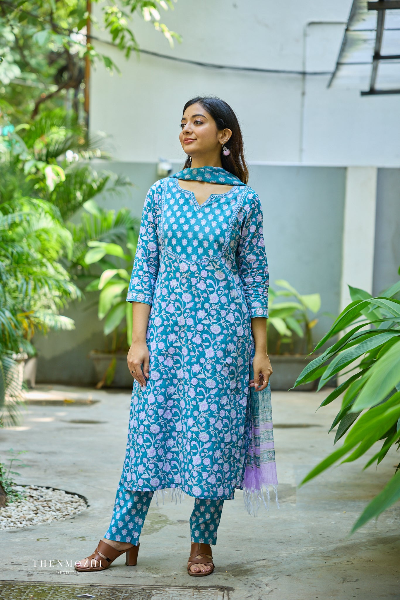 Teal Blue Floral Block Printed Cotton Suit Set With Kota Dupatta