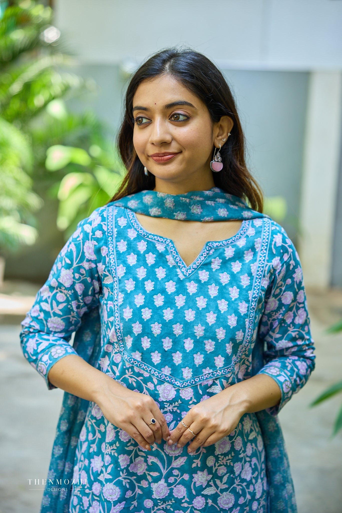 Teal Blue Floral Block Printed Cotton Suit Set With Kota Dupatta