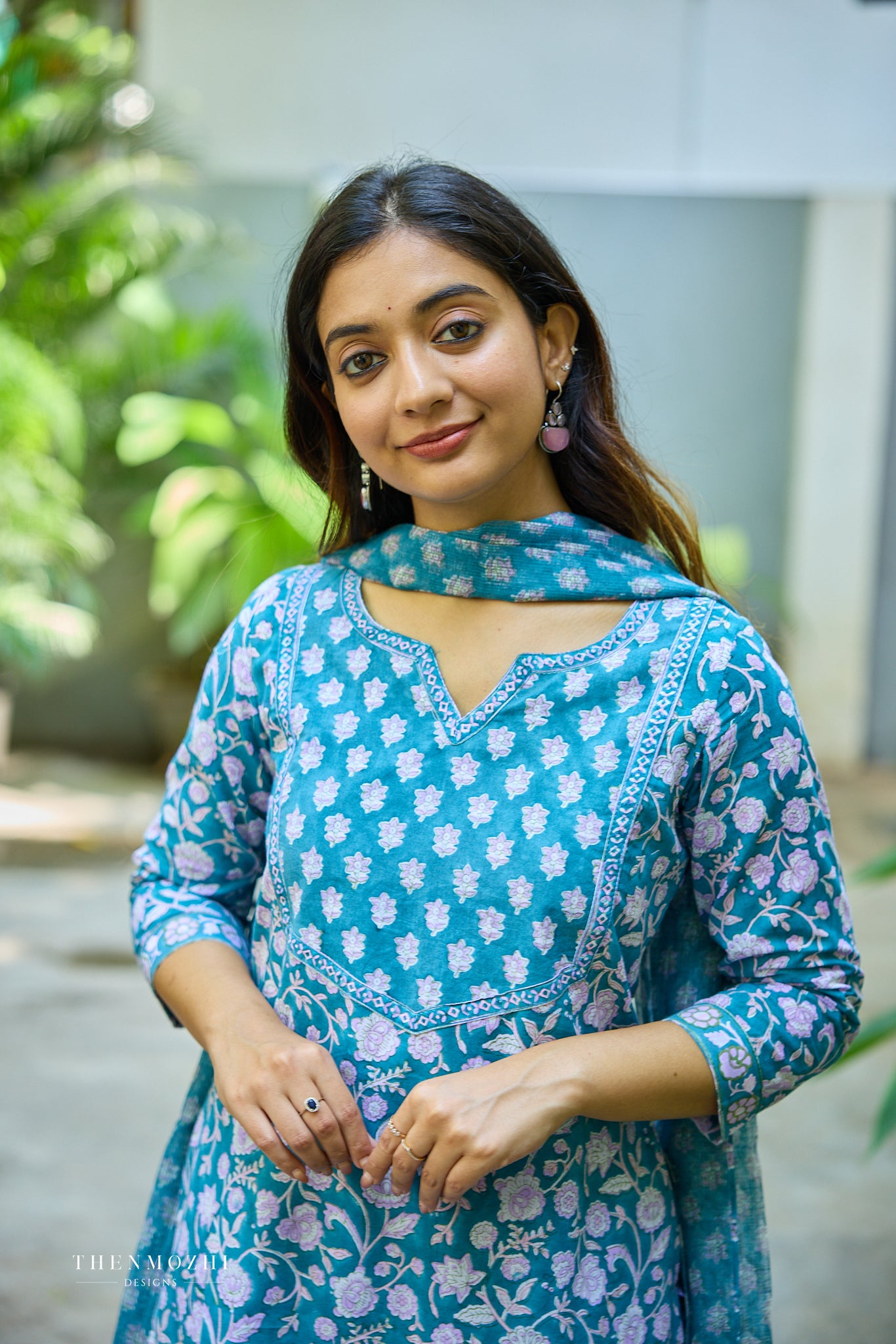 Teal Blue Floral Block Printed Cotton Suit Set With Kota Dupatta