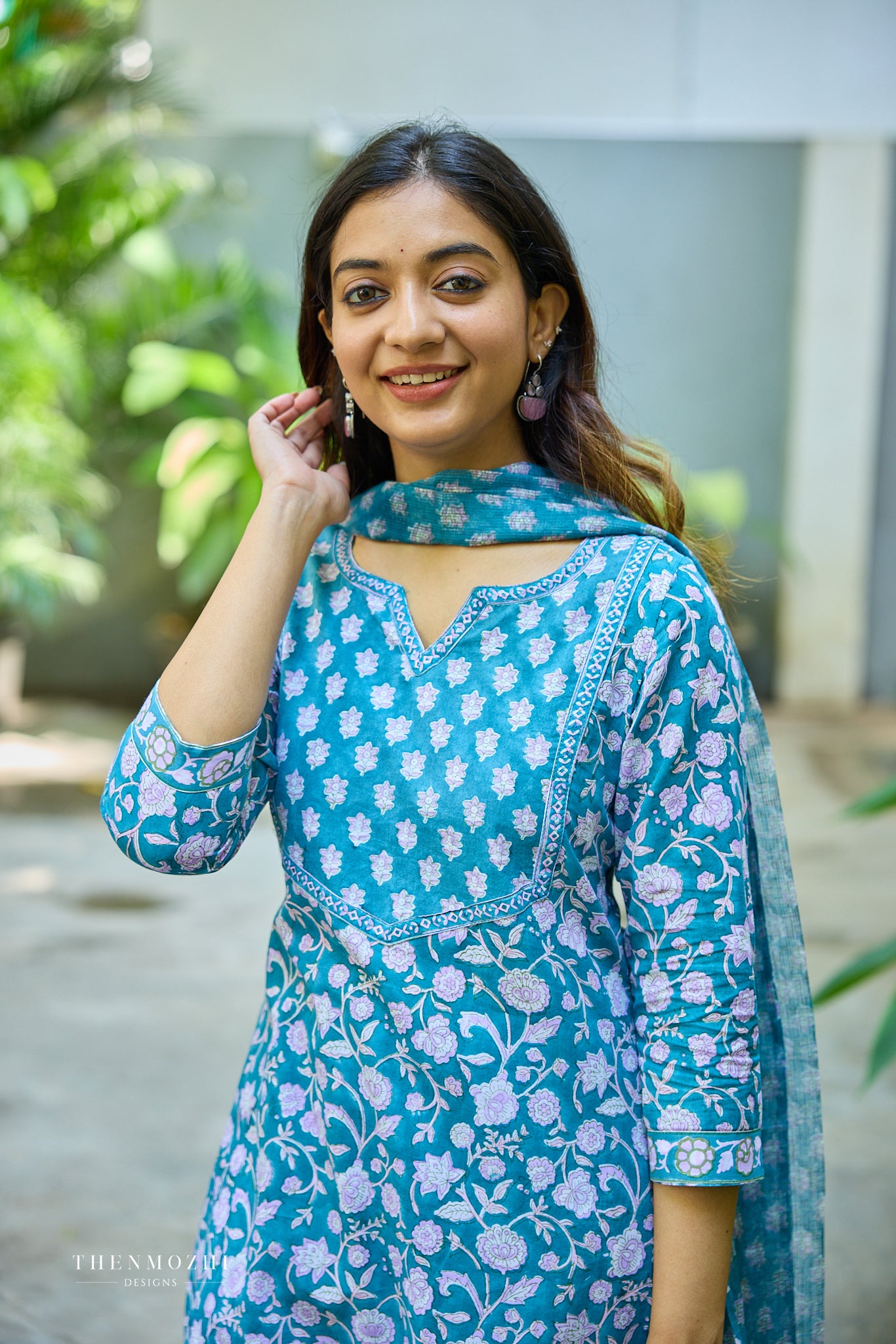 Teal Blue Floral Block Printed Cotton Suit Set With Kota Dupatta
