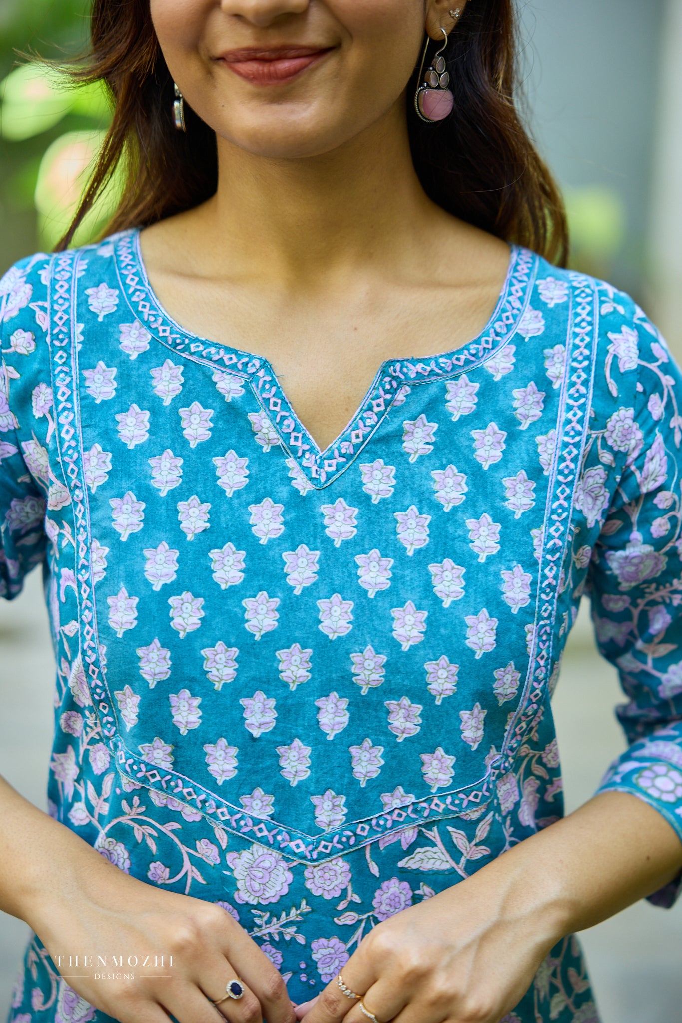 Teal Blue Floral Block Printed Cotton Suit Set With Kota Dupatta