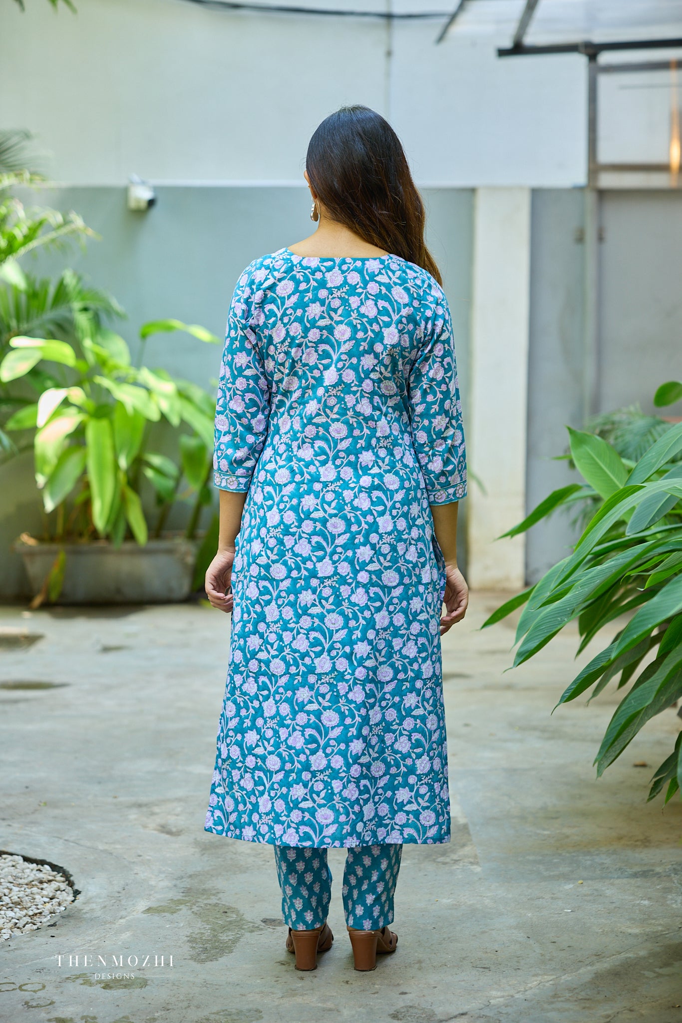Teal Blue Floral Block Printed Cotton Suit Set With Kota Dupatta