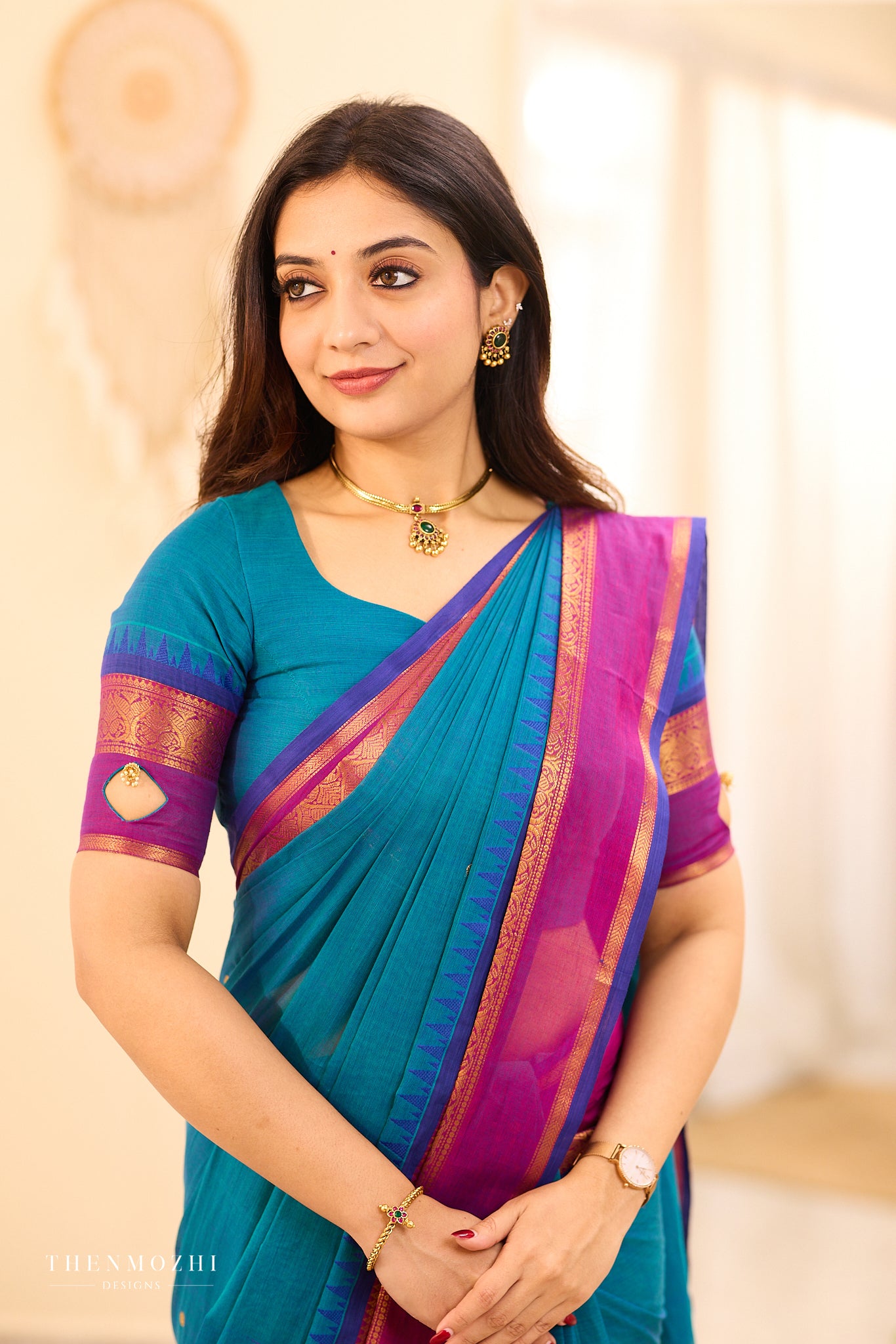 Teal Chettinad Cotton Saree with Wine Zari Border