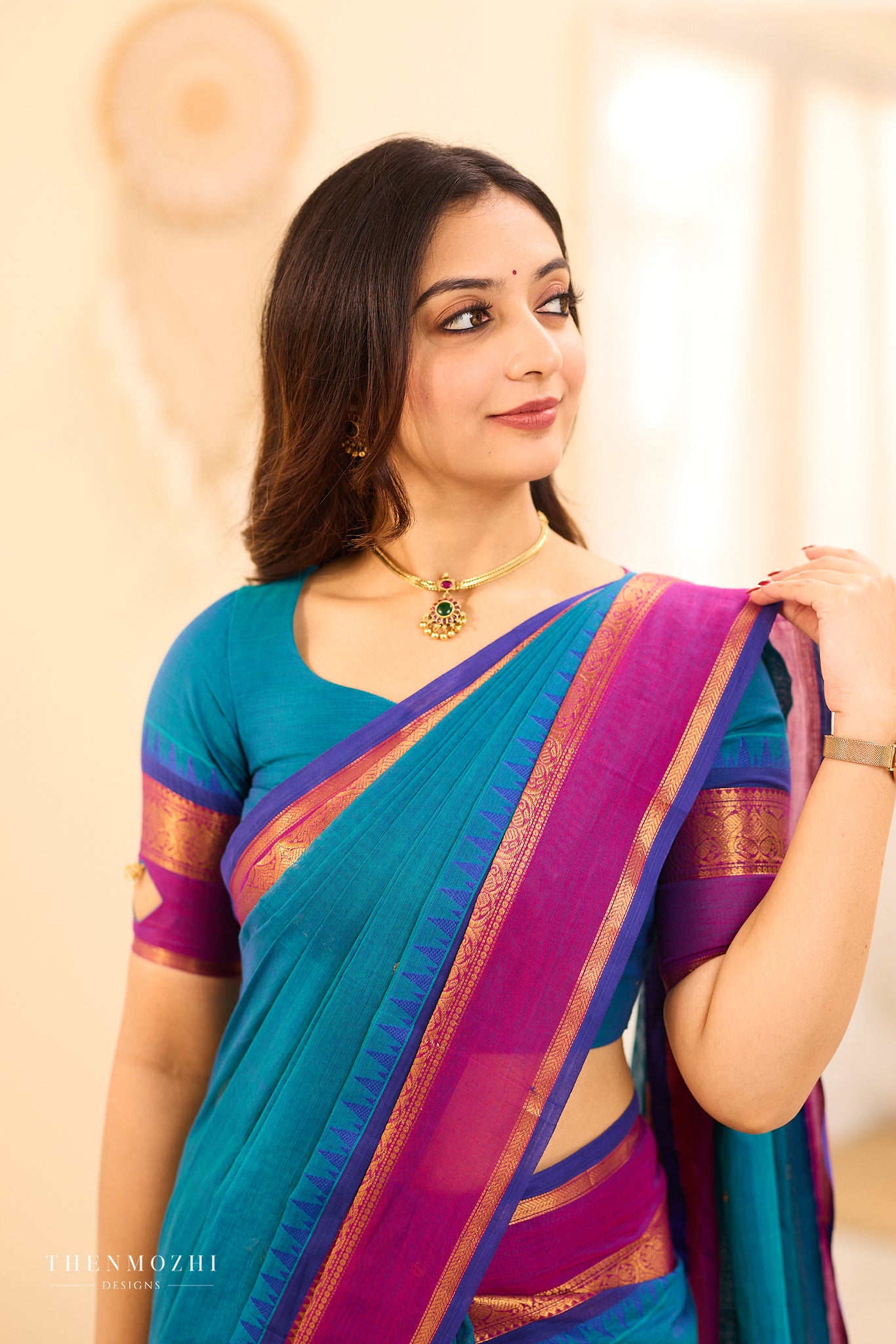 Teal Chettinad Cotton Saree with Wine Zari Border