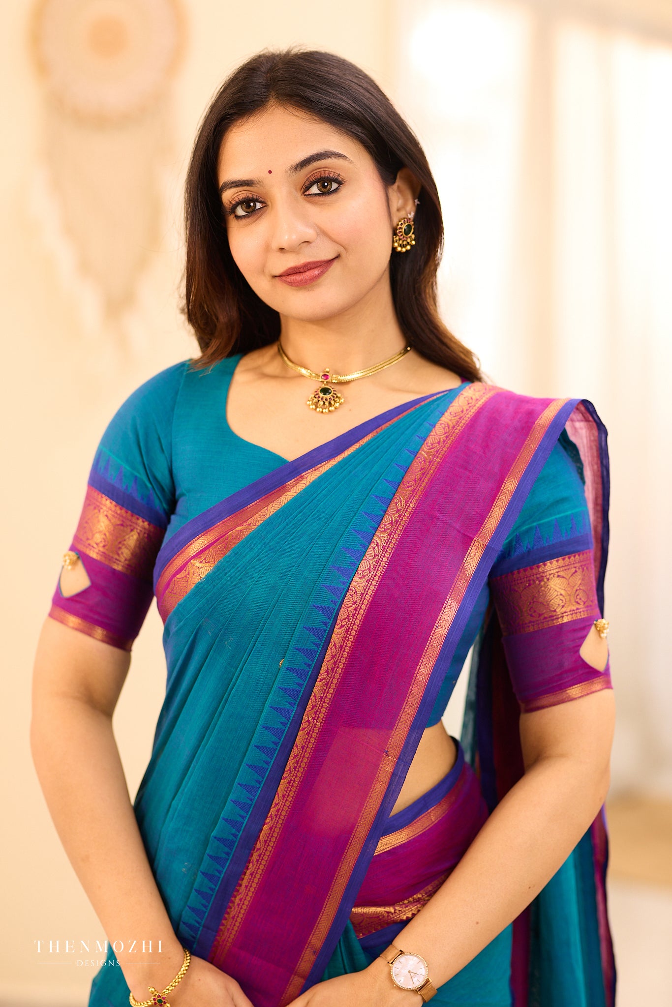 Teal Chettinad Cotton Saree with Wine Zari Border