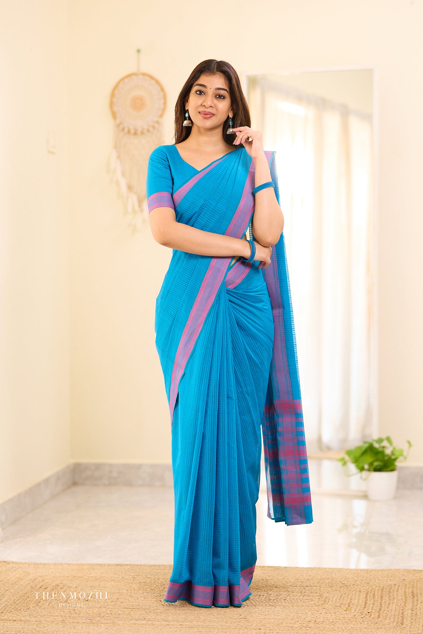 Tiffany Blue Mangalagiri Missing checks Cotton Saree
