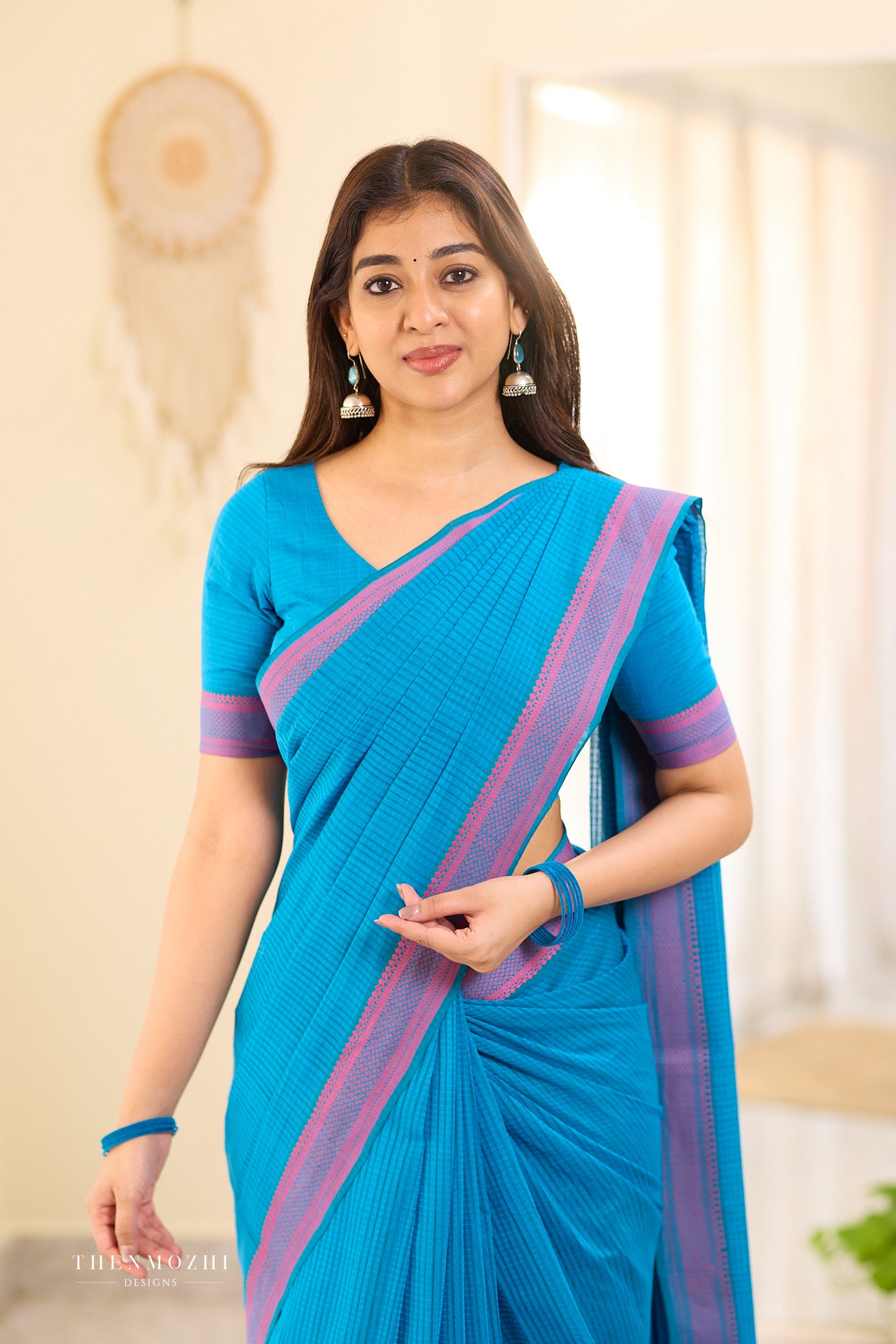 Tiffany Blue Mangalagiri Missing checks Cotton Saree