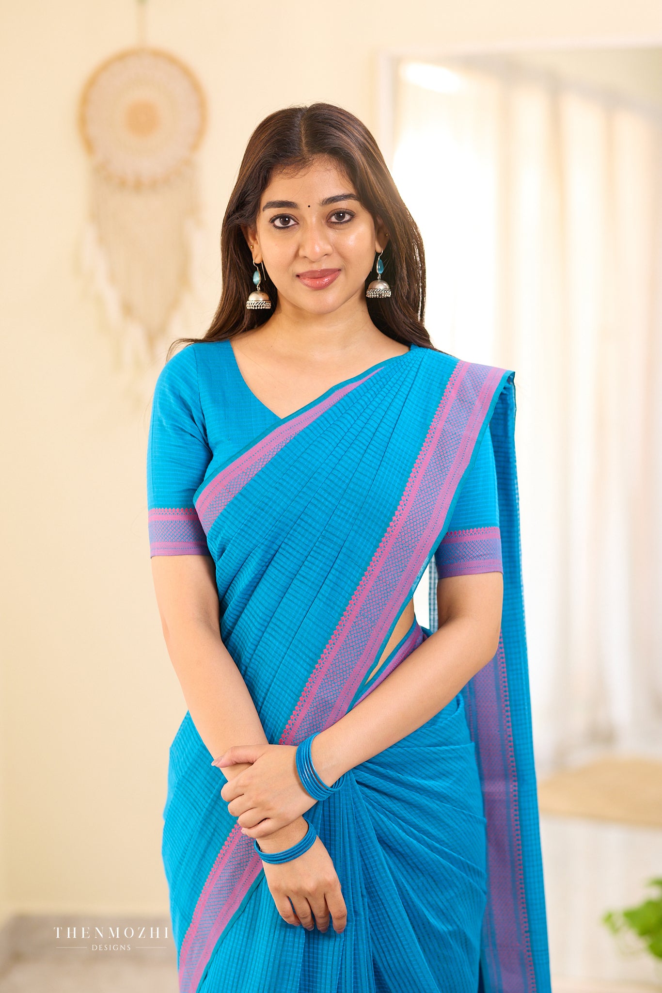 Tiffany Blue Mangalagiri Missing checks Cotton Saree