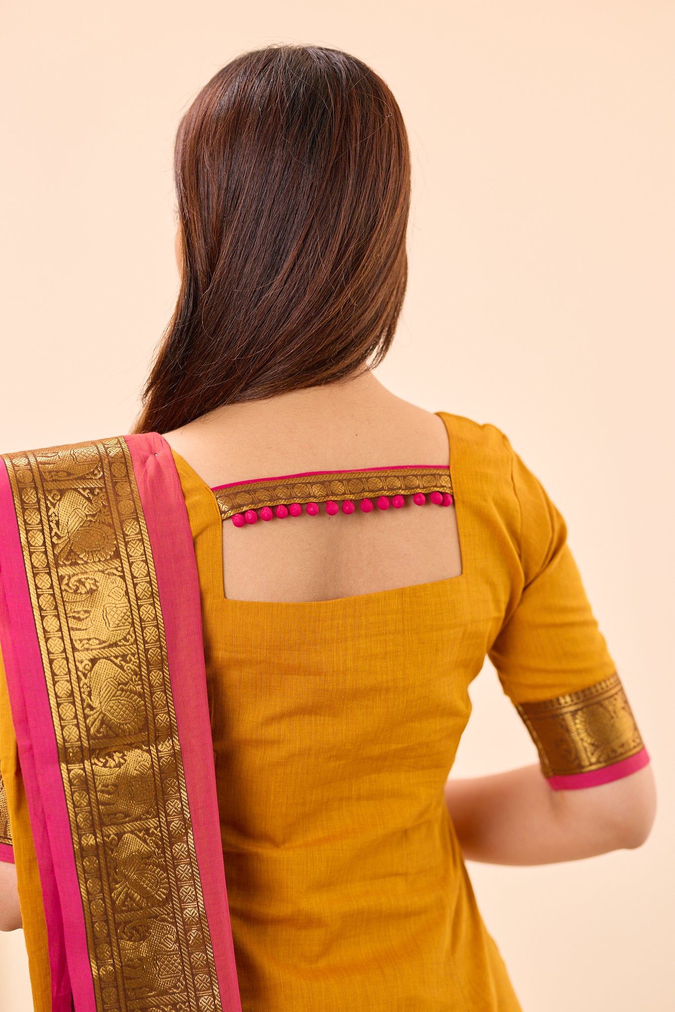 Turmeric Yellow with Rani Pink Border Chettinad Cotton Top and Dupatta