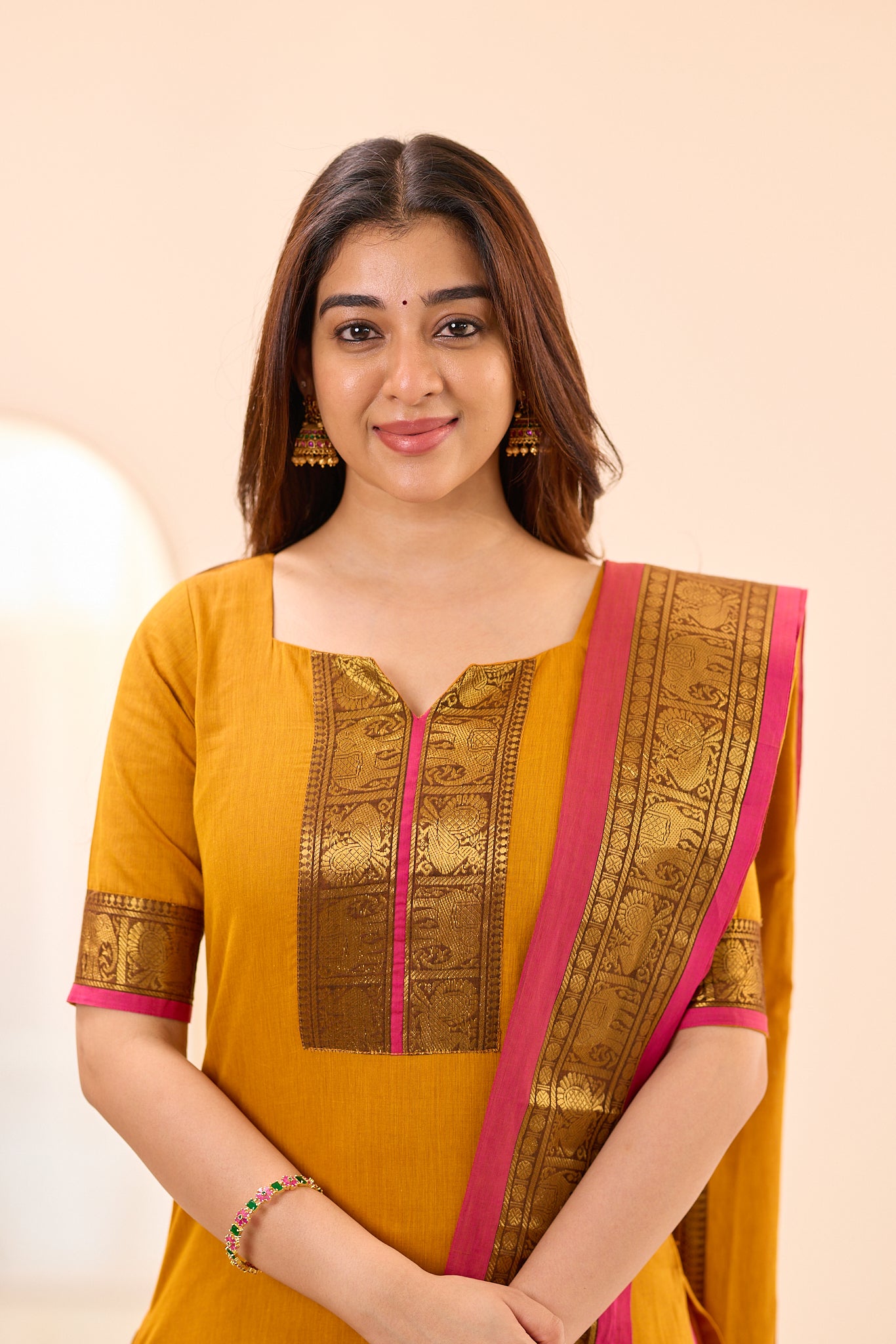 Turmeric Yellow with Rani Pink Border Chettinad Cotton Top and Dupatta