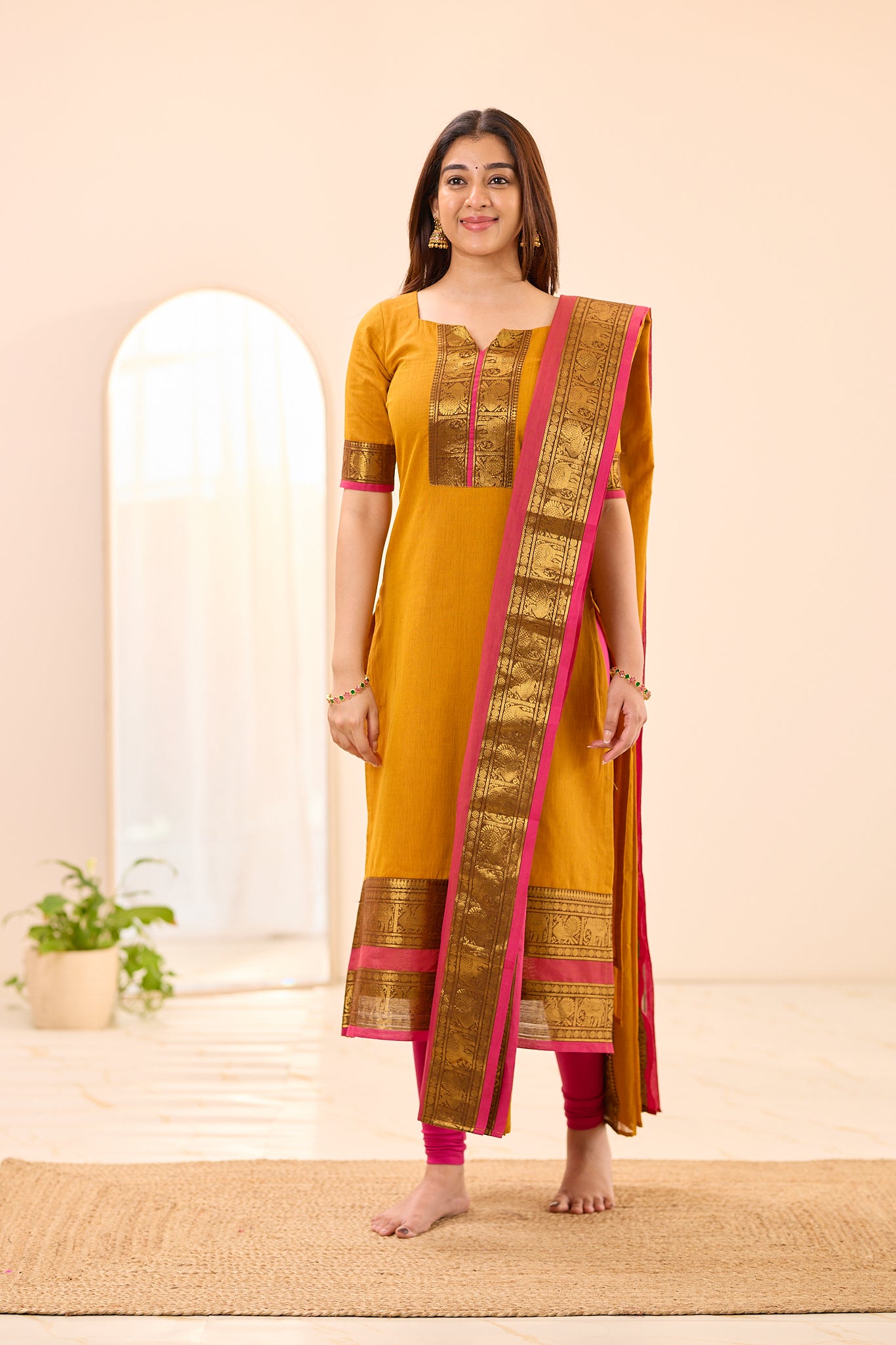 Turmeric Yellow with Rani Pink Border Chettinad Cotton Top and Dupatta