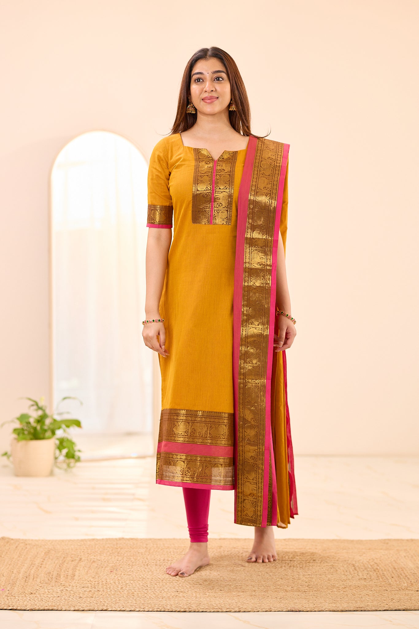 Turmeric Yellow with Rani Pink Border Chettinad Cotton Top and Dupatta
