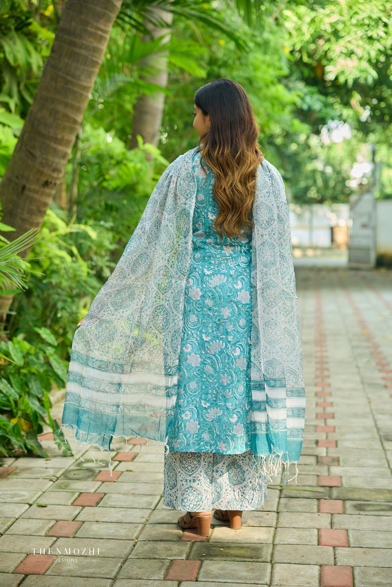 Turquoise Blue Floral Block Printed Cotton Suit Set with Kota Dupatta