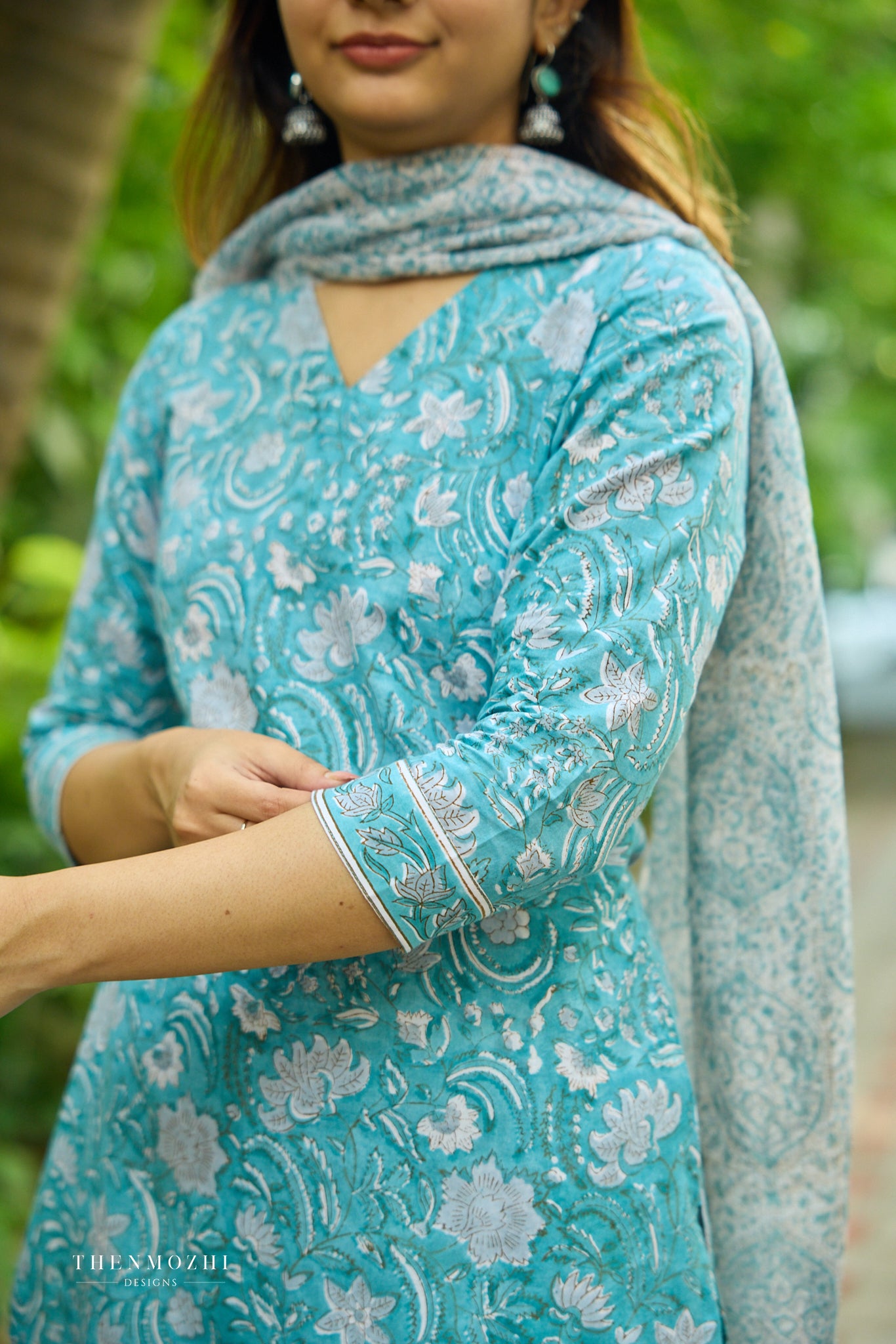 Turquoise Blue Floral Block Printed Cotton Suit Set with Kota Dupatta