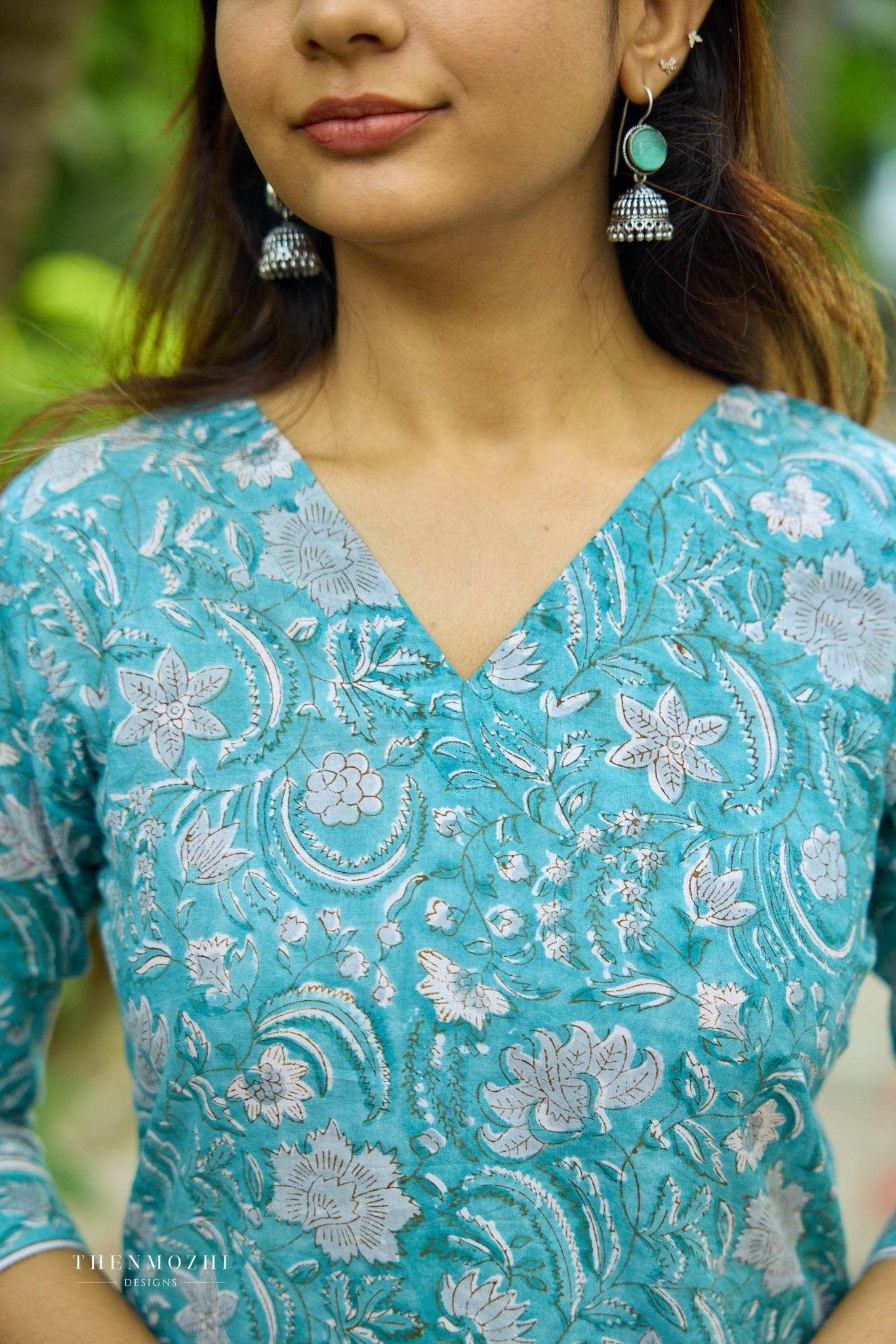 Turquoise Blue Floral Block Printed Cotton Suit Set with Kota Dupatta