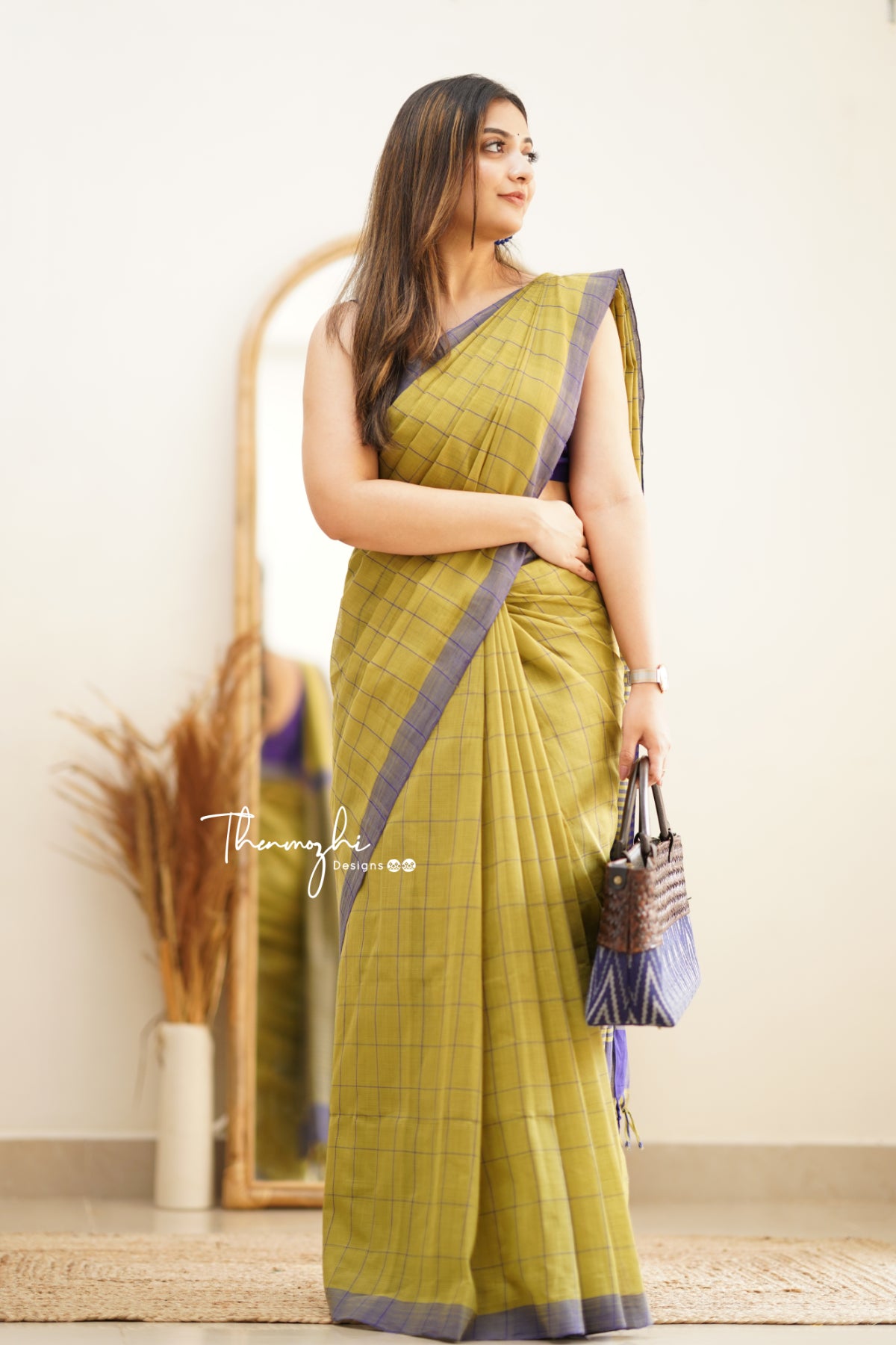Olive Green & Blue Checks Mangalagiri Cotton Saree